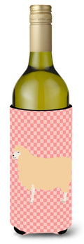 English Leicester Longwool Sheep Pink Check Wine Bottle Hugger Gift Sleeve for Standard 750 ml Bottles, Insulated Reusable Also Fits Mini Shot & Pint Bottles