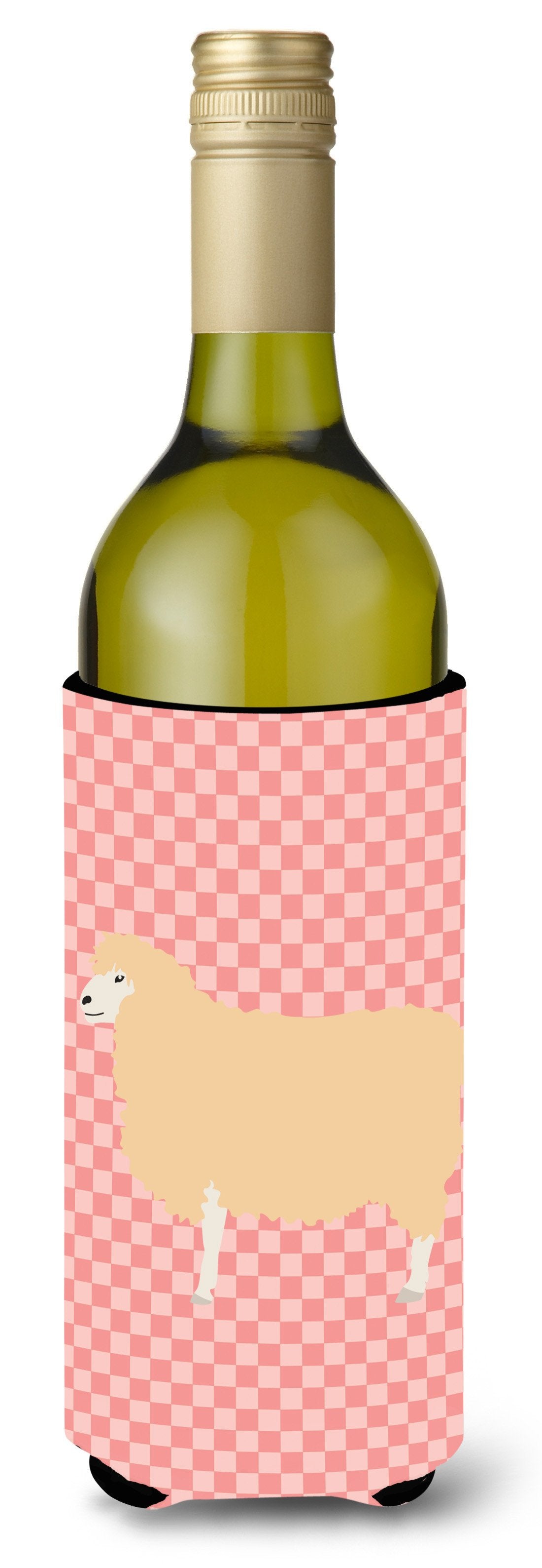 English Leicester Longwool Sheep Pink Check Wine Bottle Hugger Gift Sleeve for Standard 750 ml Bottles, Insulated Reusable Also Fits Mini Shot & Pint Bottles