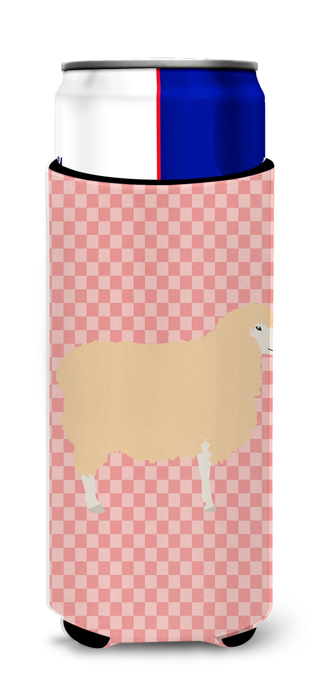English Leicester Longwool Sheep Pink Check Slim Can Hugger , Insulated Foam Hugger for 12 oz Slim Cans, Beer Bottles & Water Bottles, Printed in USA