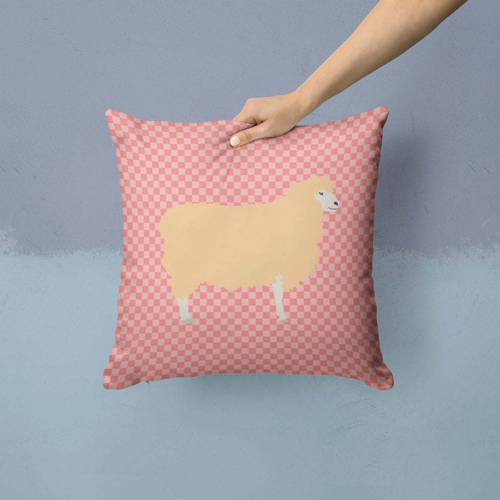 English Leicester Longwool Sheep Pink Check Decorative Throw Pillow 14x14 Indoor Outdoor Accent Cushion, Fabric Cover with Insert for Sofa, Bed, Porch & Living Room
