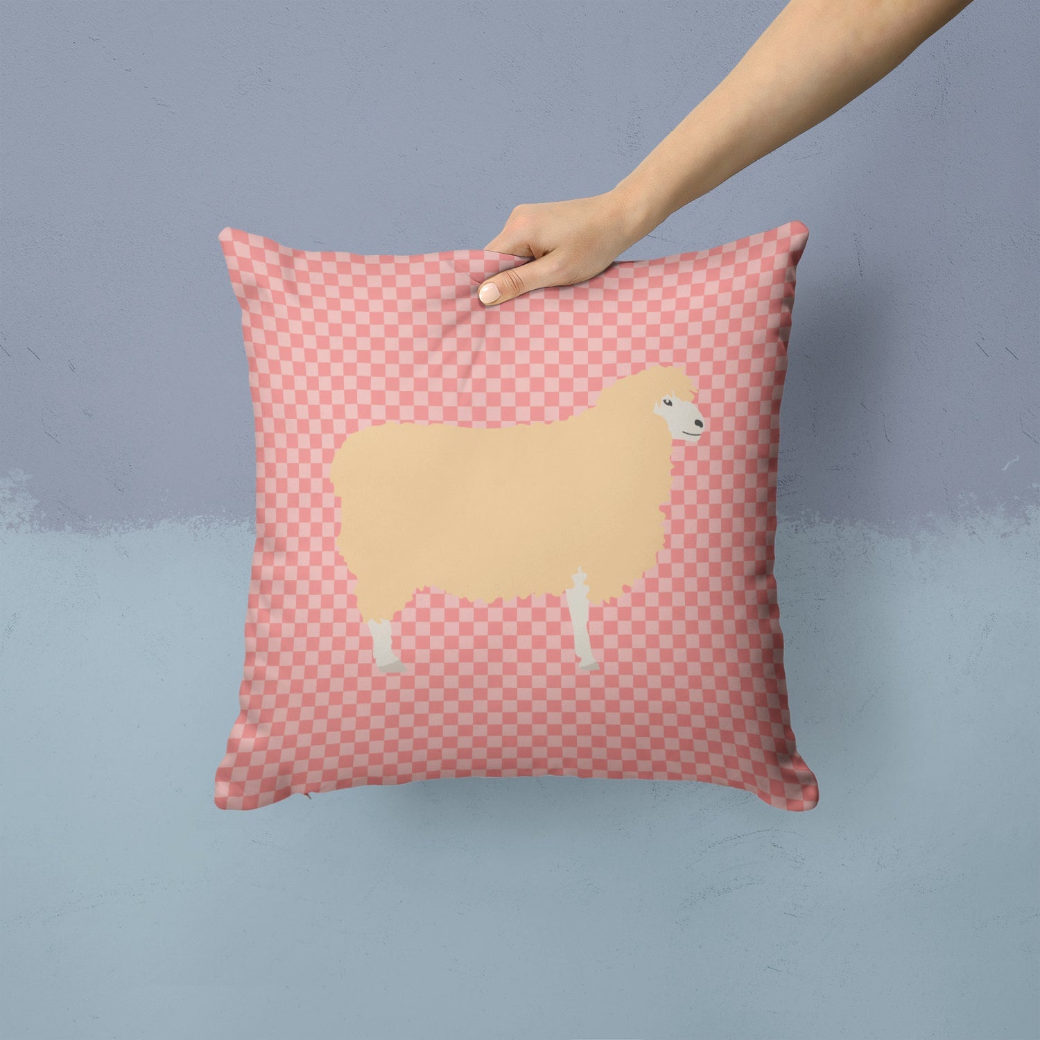 English Leicester Longwool Sheep Pink Check Decorative Throw Pillow 14x14 Indoor Outdoor Accent Cushion, Fabric Cover with Insert for Sofa, Bed, Porch & Living Room