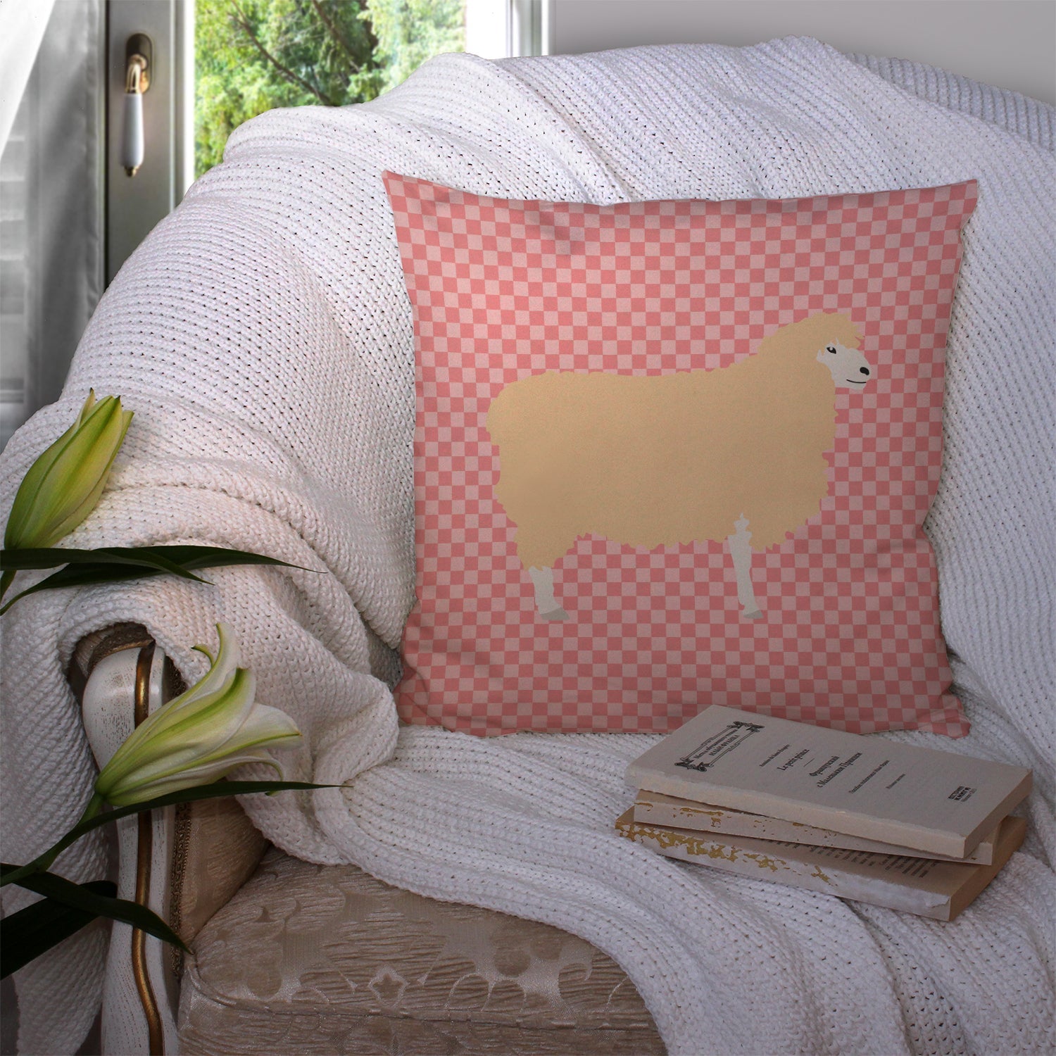 English Leicester Longwool Sheep Pink Check Decorative Throw Pillow 14x14 Indoor Outdoor Accent Cushion, Fabric Cover with Insert for Sofa, Bed, Porch & Living Room