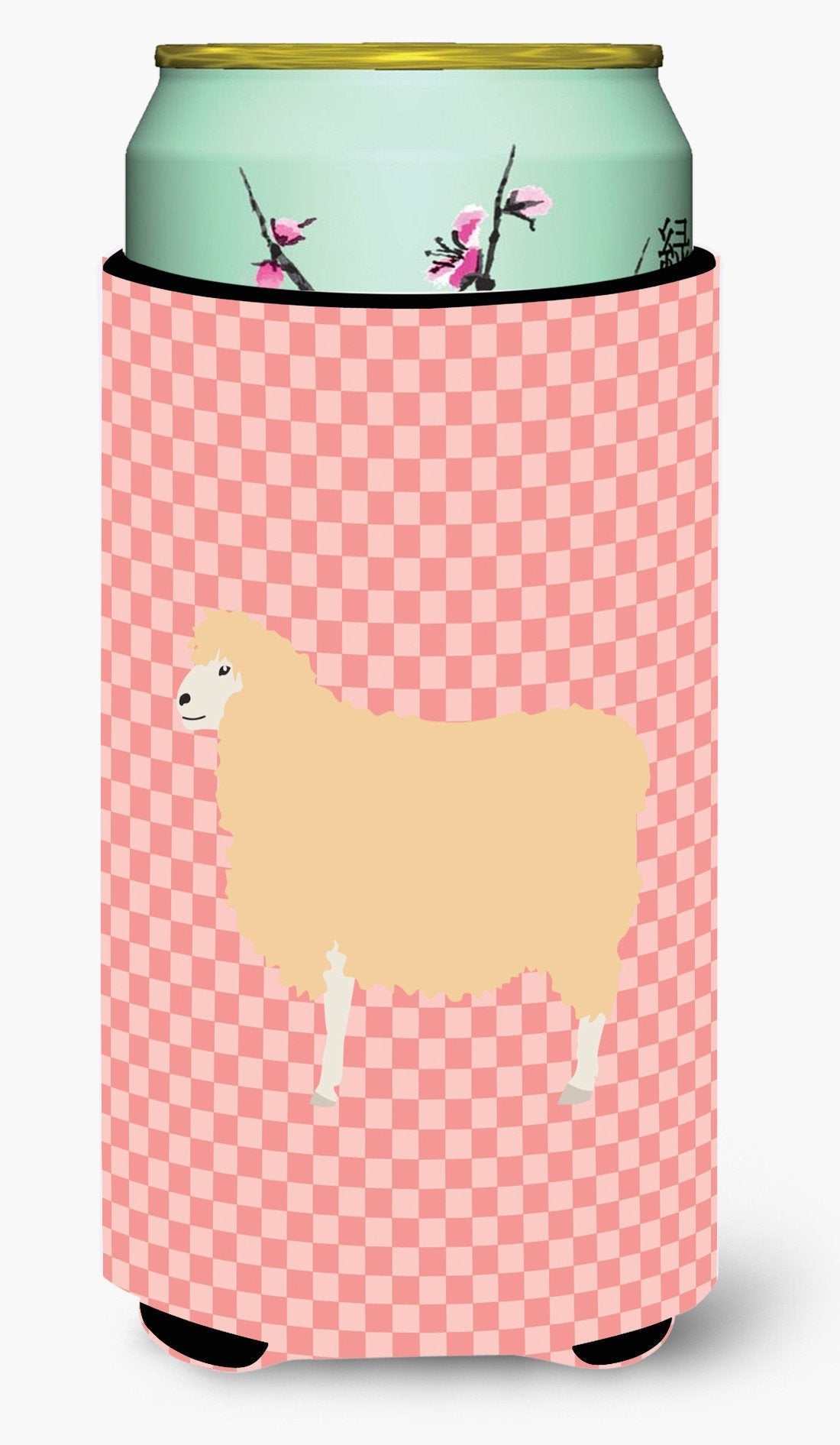 English Leicester Longwool Sheep Pink Check Tall Boy Hugger Can Cooler Sleeve Machine Washable Drink Collapsible Insulator Beverage Insulated Holder
