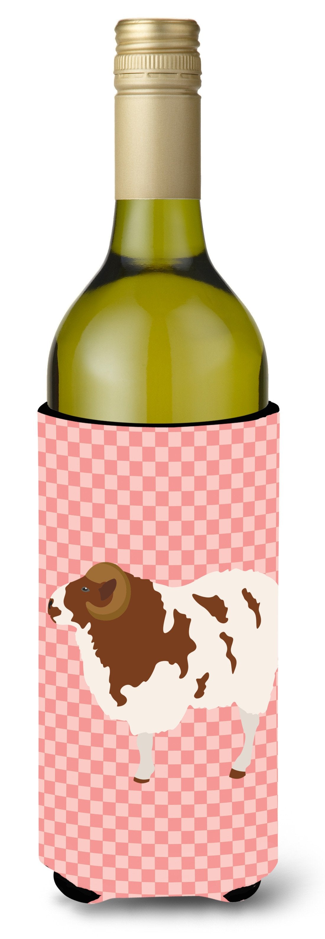 Jacob Sheep Pink Check Wine Bottle Hugger Gift Sleeve for Standard 750 ml Bottles, Insulated Reusable Also Fits Mini Shot & Pint Bottles