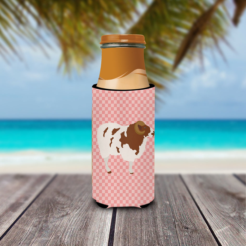 Jacob Sheep Pink Check Slim Can Hugger , Insulated Foam Hugger for 12 oz Slim Cans, Beer Bottles & Water Bottles, Printed in USA