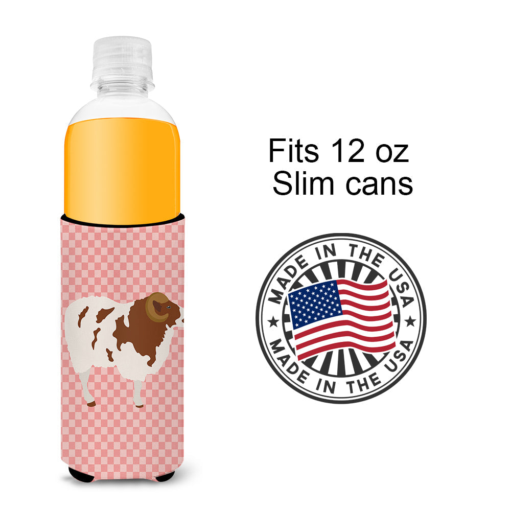 Jacob Sheep Pink Check Slim Can Hugger , Insulated Foam Hugger for 12 oz Slim Cans, Beer Bottles & Water Bottles, Printed in USA