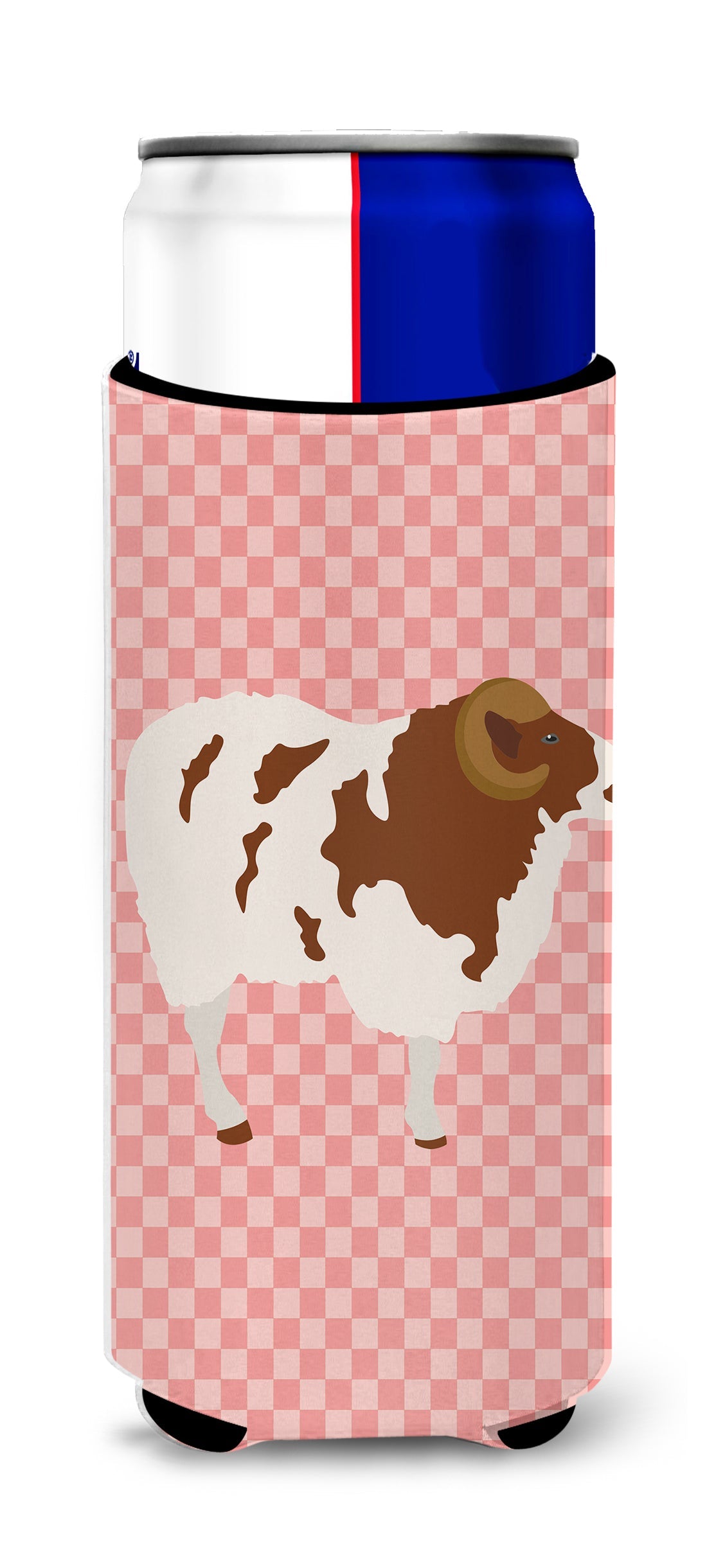 Jacob Sheep Pink Check Slim Can Hugger , Insulated Foam Hugger for 12 oz Slim Cans, Beer Bottles & Water Bottles, Printed in USA