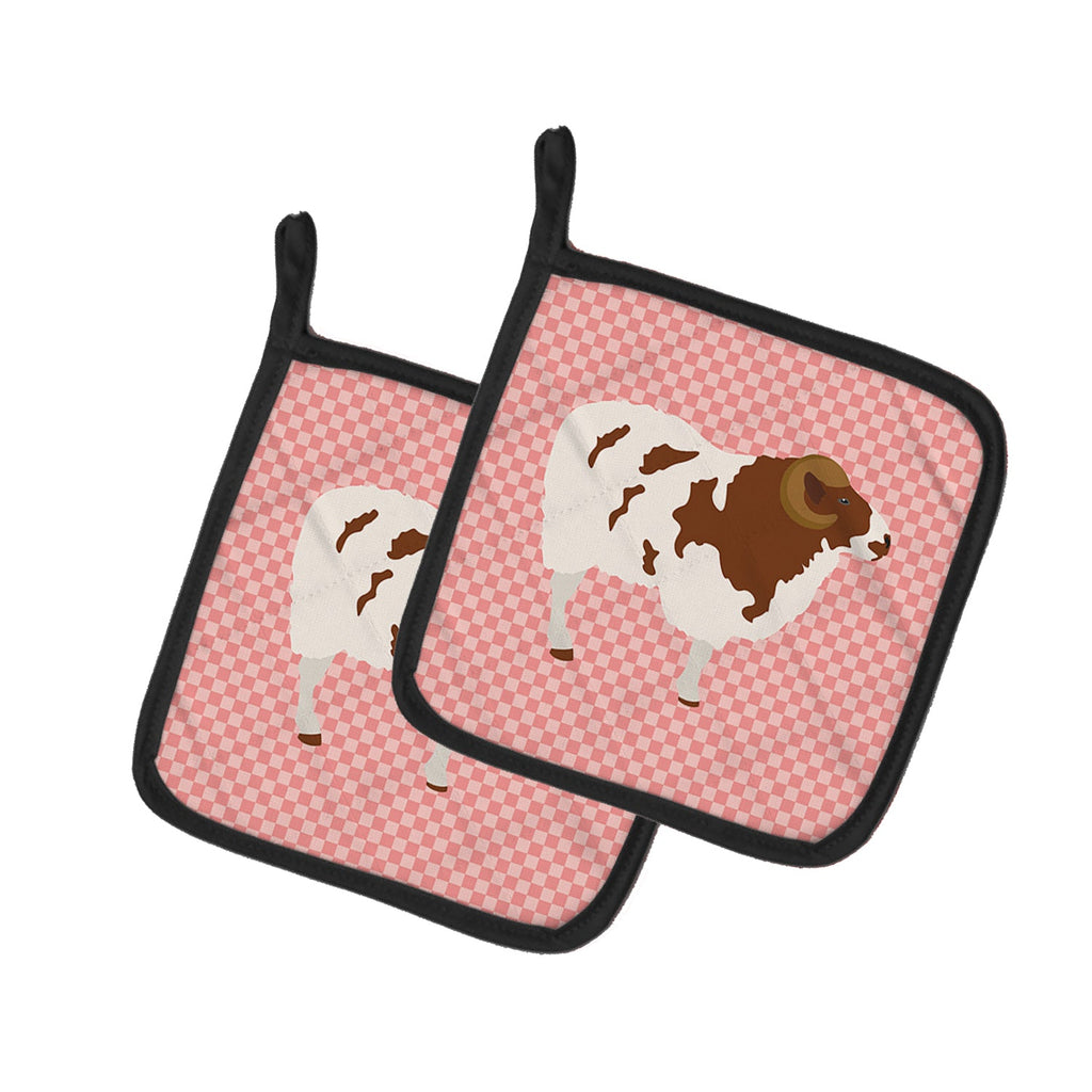 Jacob Sheep Pink Check Pot Holder Set of 2 Heat Resistant Quilted Hot Pads 7.5 x 7.5 Inch, Insulated Kitchen Trivets for Cooking & Baking