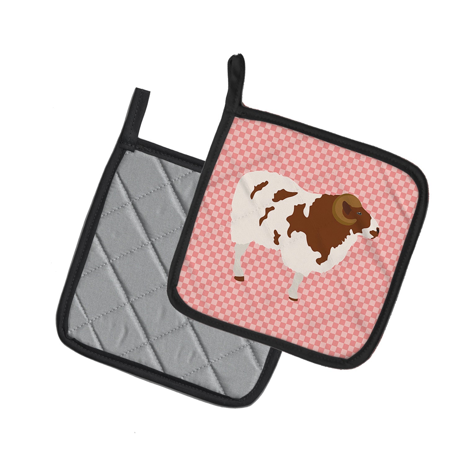 Jacob Sheep Pink Check Pot Holder Set of 2 Heat Resistant Quilted Hot Pads 7.5 x 7.5 Inch, Insulated Kitchen Trivets for Cooking & Baking