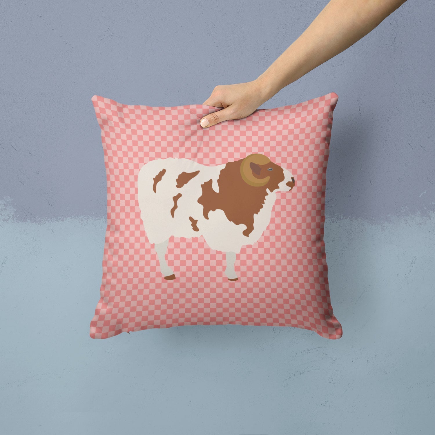 Jacob Sheep Pink Check Decorative Throw Pillow 14x14 Indoor Outdoor Accent Cushion, Fabric Cover with Insert for Sofa, Bed, Porch & Living Room