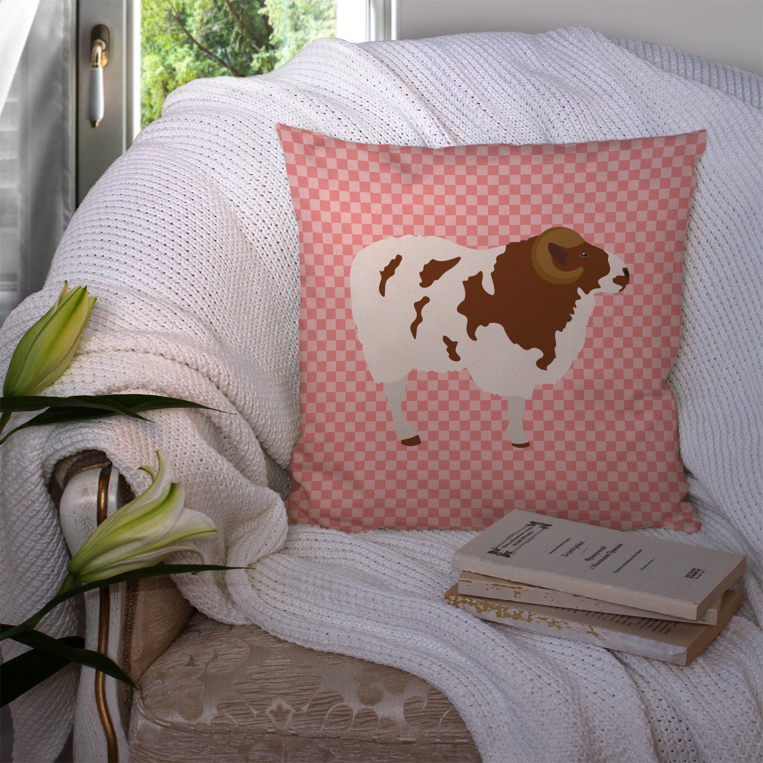 Jacob Sheep Pink Check Decorative Throw Pillow 14x14 Indoor Outdoor Accent Cushion, Fabric Cover with Insert for Sofa, Bed, Porch & Living Room