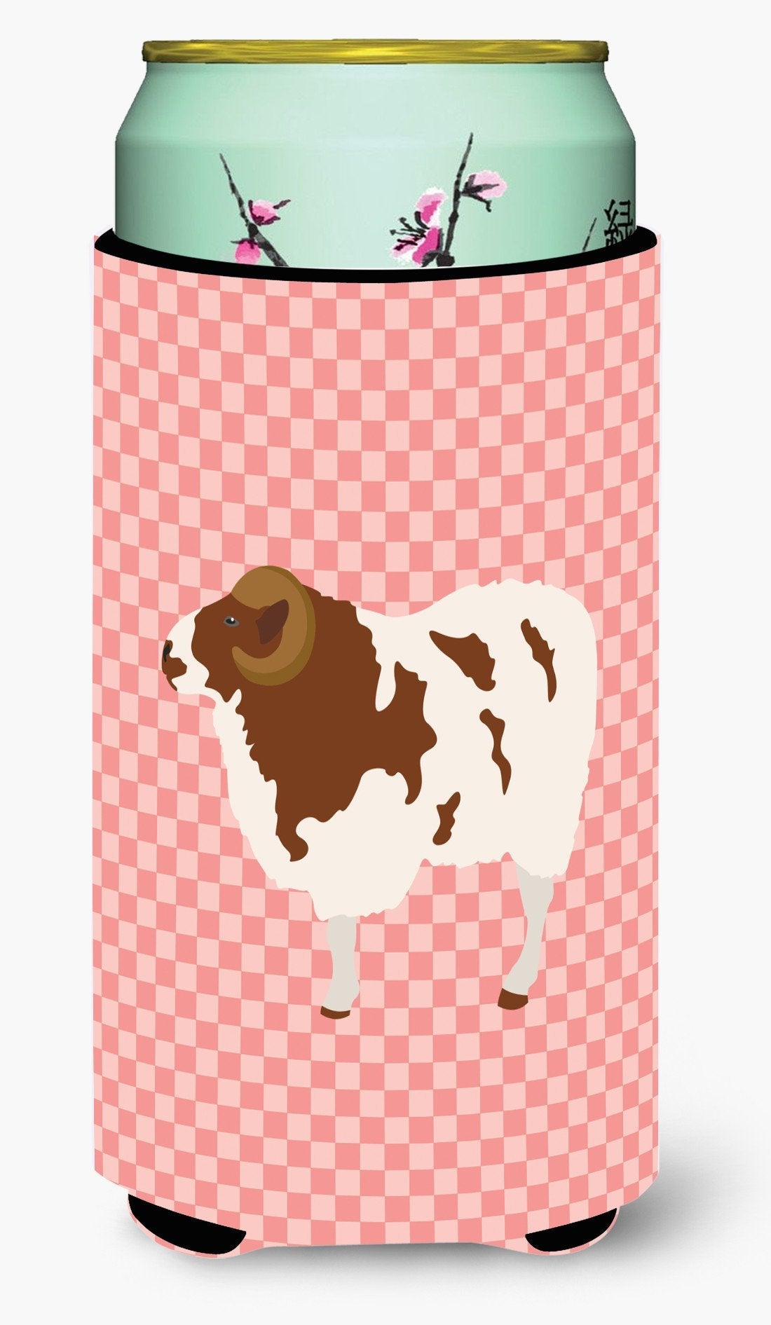 Jacob Sheep Pink Check Tall Boy Hugger Can Cooler Sleeve Machine Washable Drink Collapsible Insulator Beverage Insulated Holder
