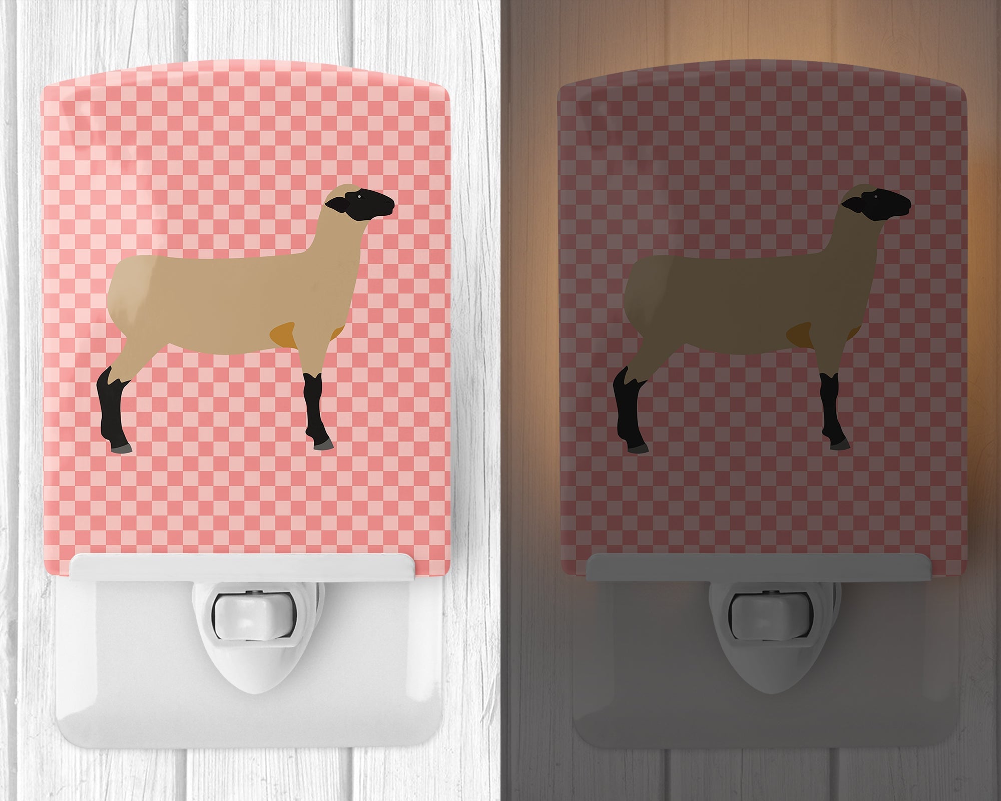 Hampshire Down Sheep Pink Check Ceramic Night Light Compact, UL-Certified, Ideal for Bedroom, Bathroom, Nursery, Hallway, Kitchen, 6x4x3, Multicolor