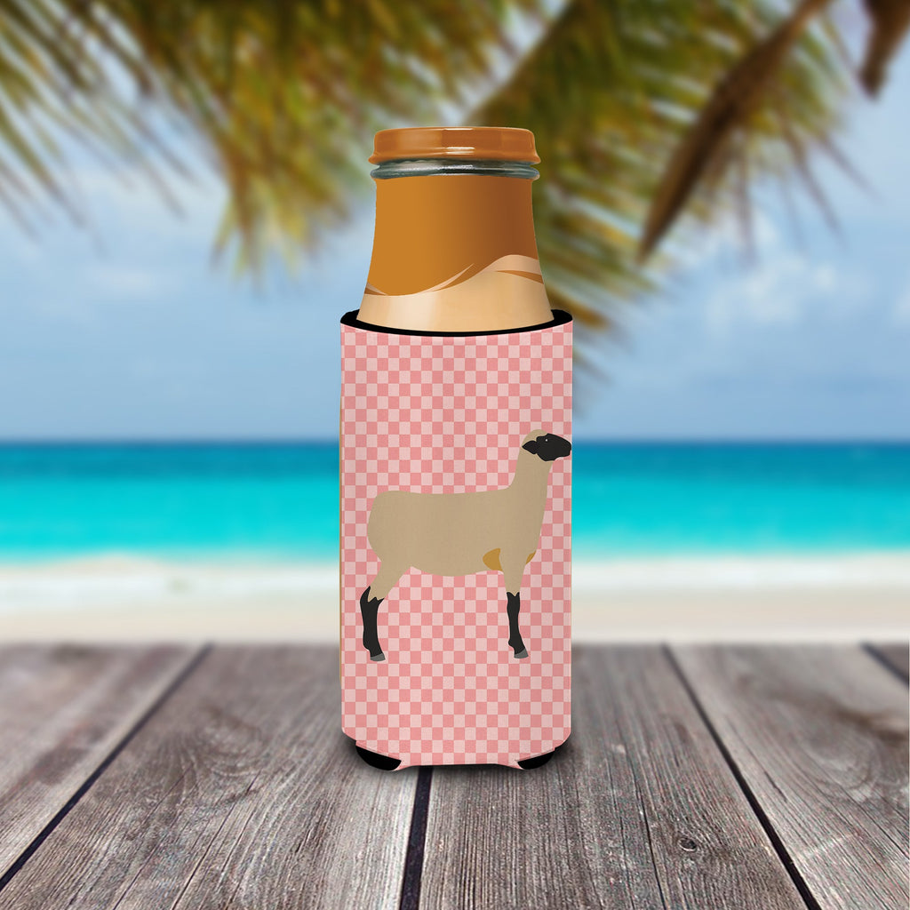 Hampshire Down Sheep Pink Check Slim Can Hugger , Insulated Foam Hugger for 12 oz Slim Cans, Beer Bottles & Water Bottles, Printed in USA