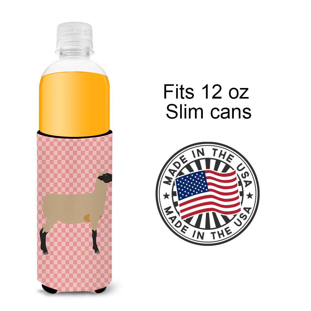 Hampshire Down Sheep Pink Check Slim Can Hugger , Insulated Foam Hugger for 12 oz Slim Cans, Beer Bottles & Water Bottles, Printed in USA