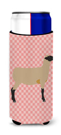 Hampshire Down Sheep Pink Check Slim Can Hugger , Insulated Foam Hugger for 12 oz Slim Cans, Beer Bottles & Water Bottles, Printed in USA
