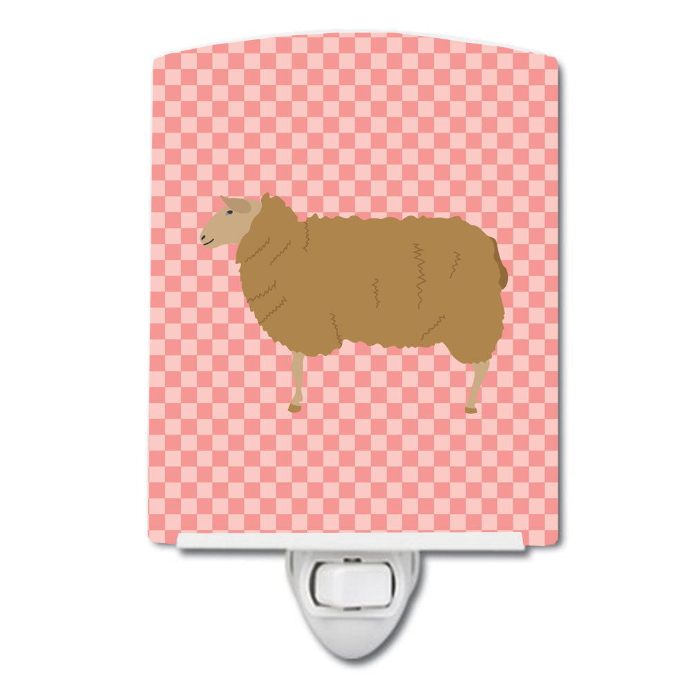 East Friesian Sheep Pink Check Ceramic Night Light Compact, UL-Certified, Ideal for Bedroom, Bathroom, Nursery, Hallway, Kitchen, 6x4x3, Multicolor