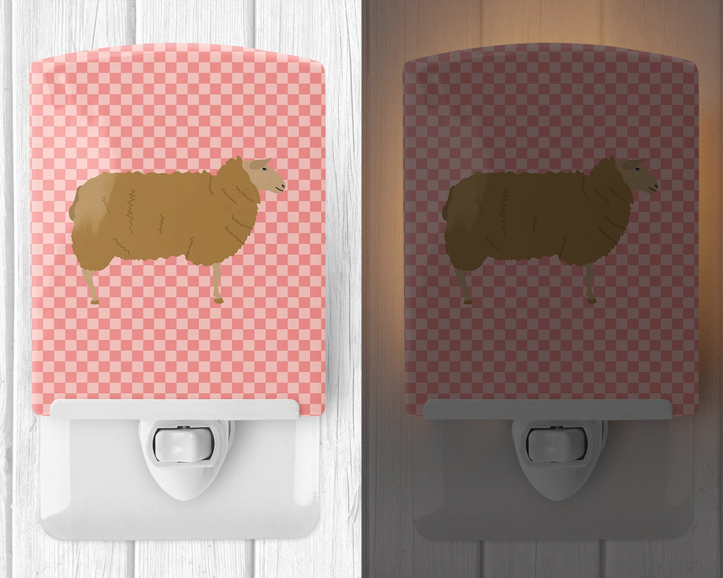 East Friesian Sheep Pink Check Ceramic Night Light Compact, UL-Certified, Ideal for Bedroom, Bathroom, Nursery, Hallway, Kitchen, 6x4x3, Multicolor