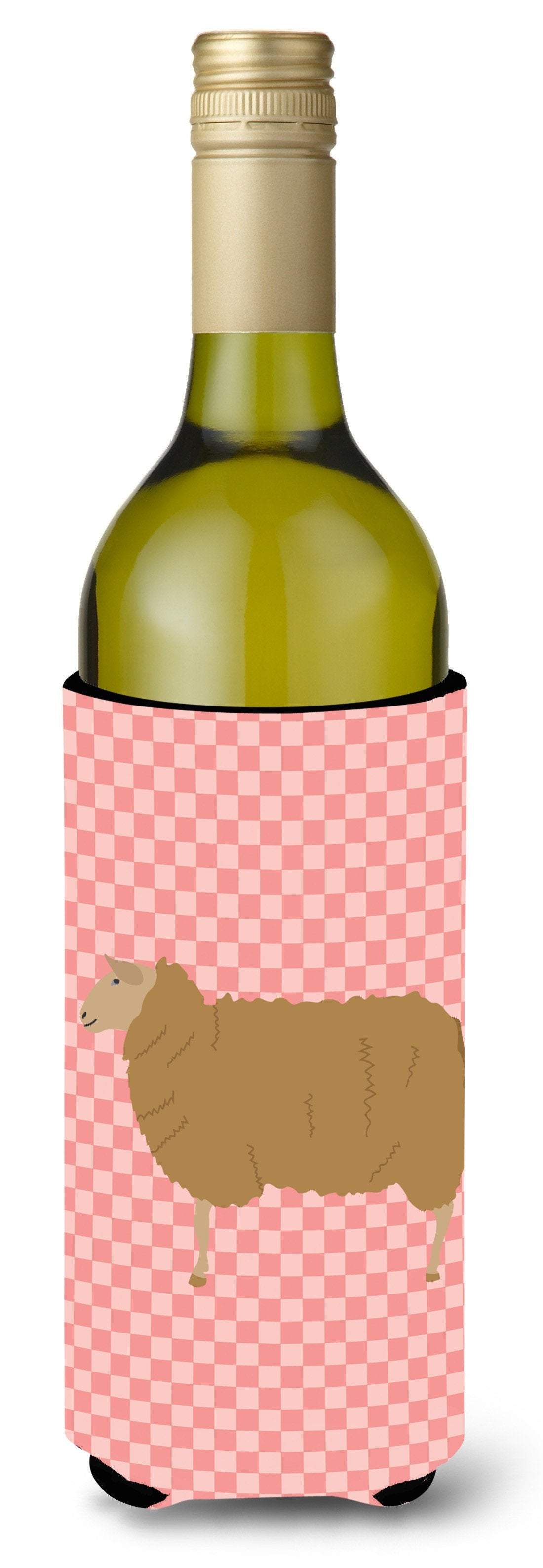 East Friesian Sheep Pink Check Wine Bottle Hugger Gift Sleeve for Standard 750 ml Bottles, Insulated Reusable Also Fits Mini Shot & Pint Bottles
