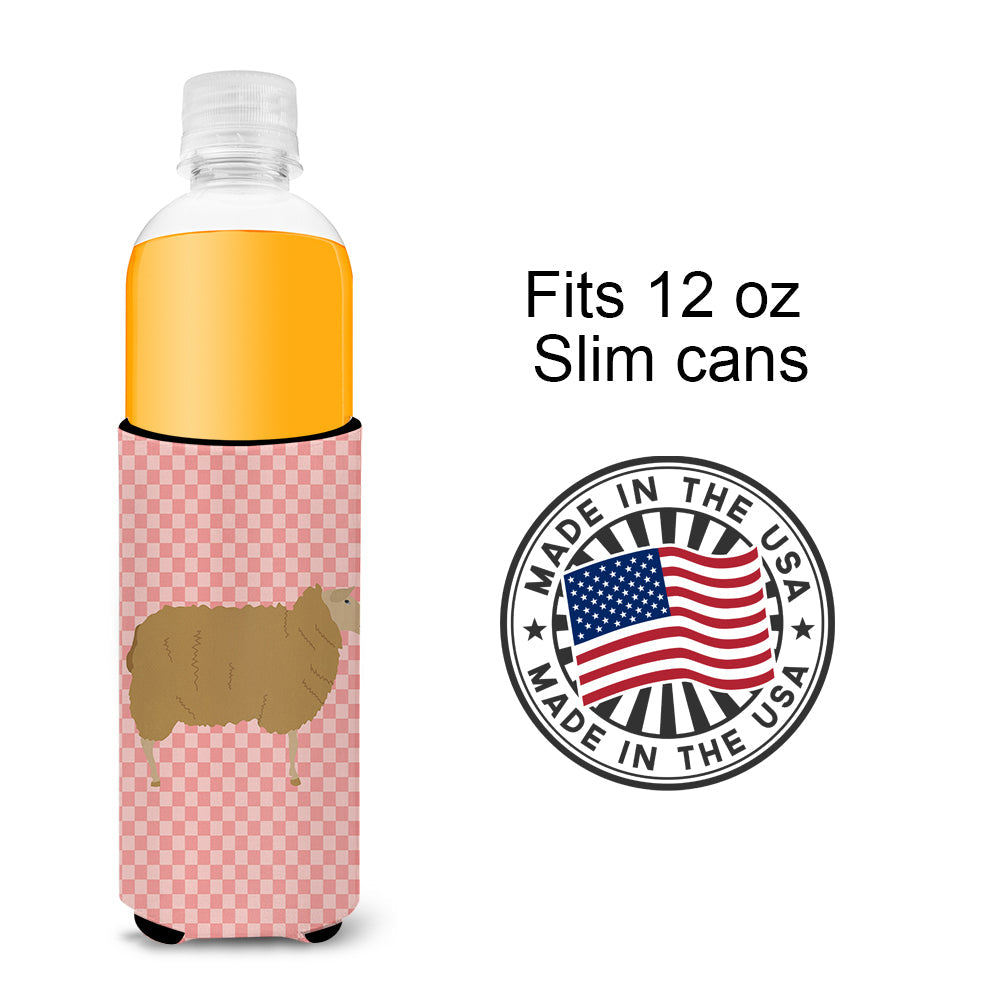 East Friesian Sheep Pink Check Slim Can Hugger , Insulated Foam Hugger for 12 oz Slim Cans, Beer Bottles & Water Bottles, Printed in USA