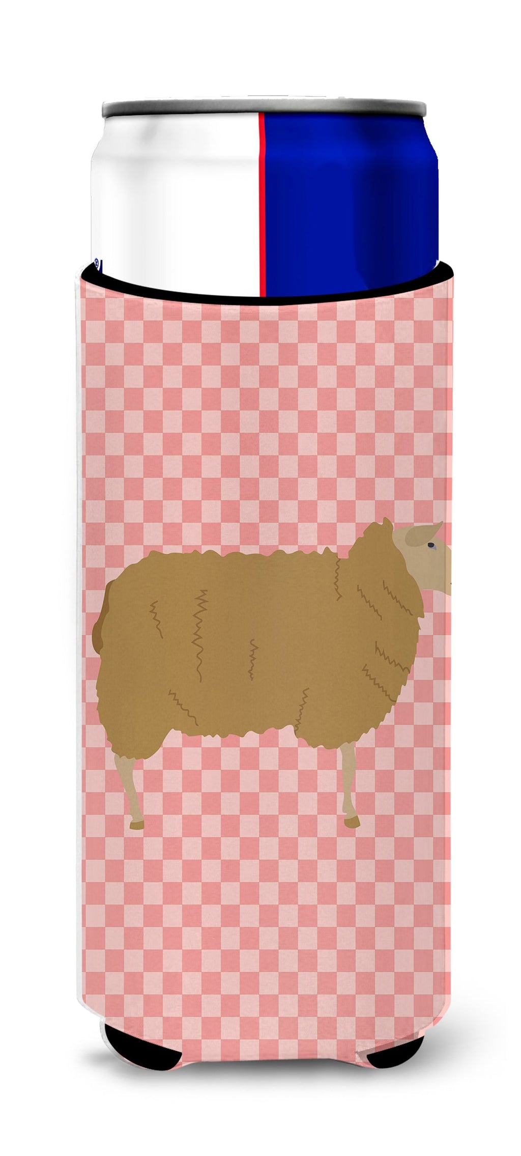 East Friesian Sheep Pink Check Slim Can Hugger , Insulated Foam Hugger for 12 oz Slim Cans, Beer Bottles & Water Bottles, Printed in USA