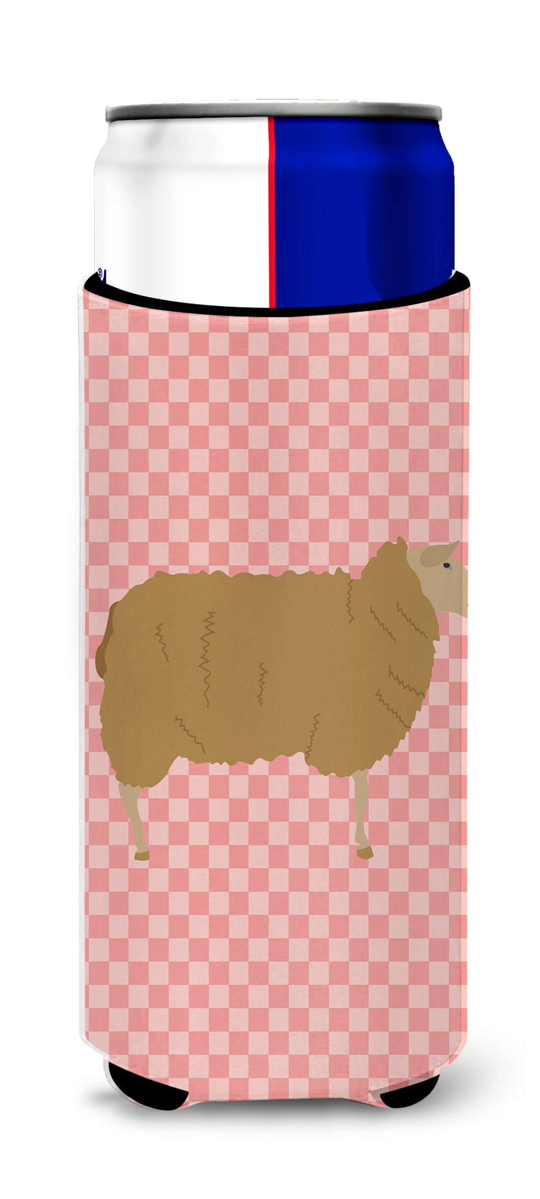 East Friesian Sheep Pink Check Slim Can Hugger , Insulated Foam Hugger for 12 oz Slim Cans, Beer Bottles & Water Bottles, Printed in USA
