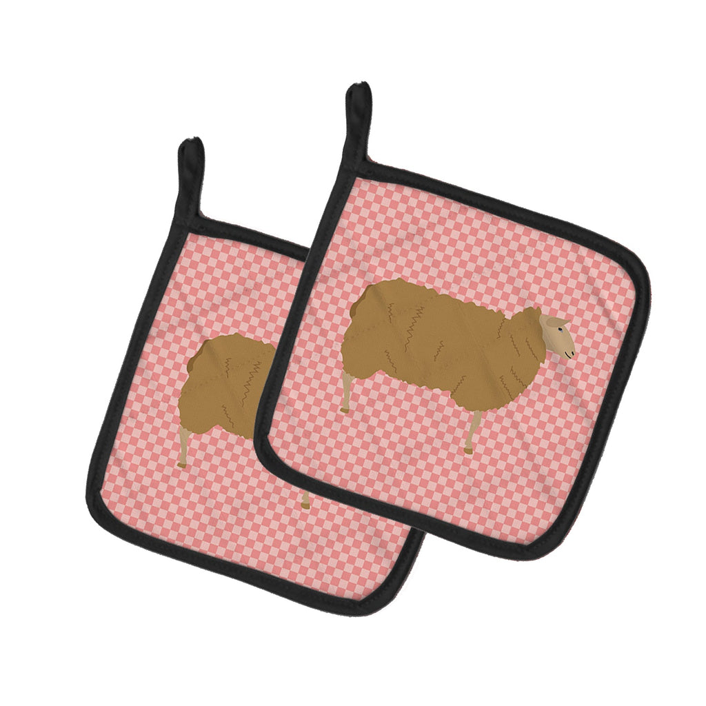East Friesian Sheep Pink Check Pot Holder Set of 2 Heat Resistant Quilted Hot Pads 7.5 x 7.5 Inch, Insulated Kitchen Trivets for Cooking & Baking