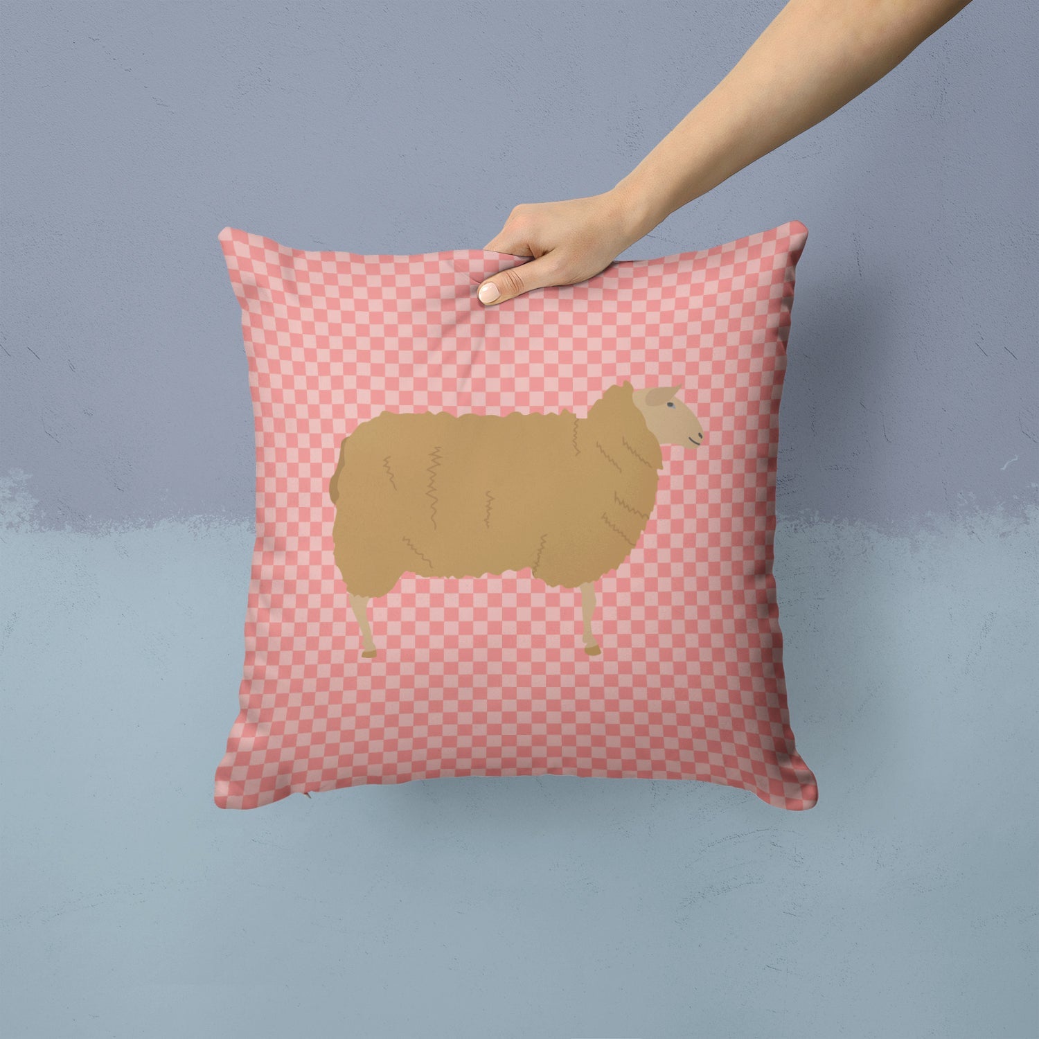 East Friesian Sheep Pink Check Decorative Throw Pillow 14x14 Indoor Outdoor Accent Cushion, Fabric Cover with Insert for Sofa, Bed, Porch & Living Room