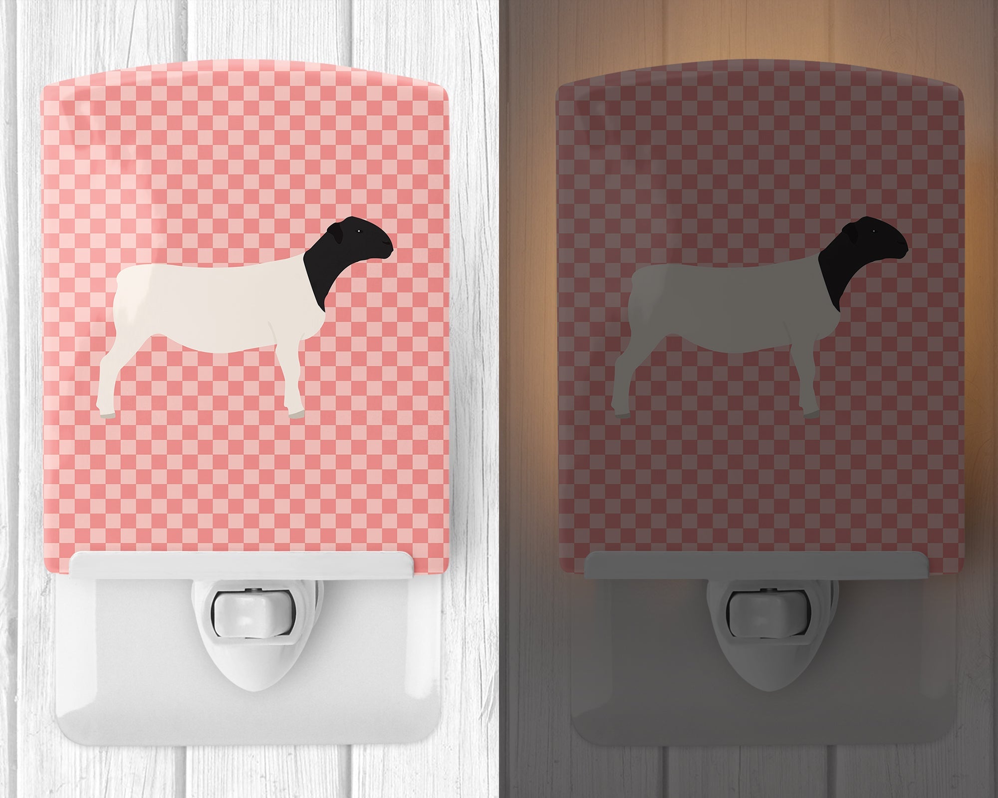 Dorper Sheep Pink Check Ceramic Night Light Compact, UL-Certified, Ideal for Bedroom, Bathroom, Nursery, Hallway, Kitchen, 6x4x3, Multicolor