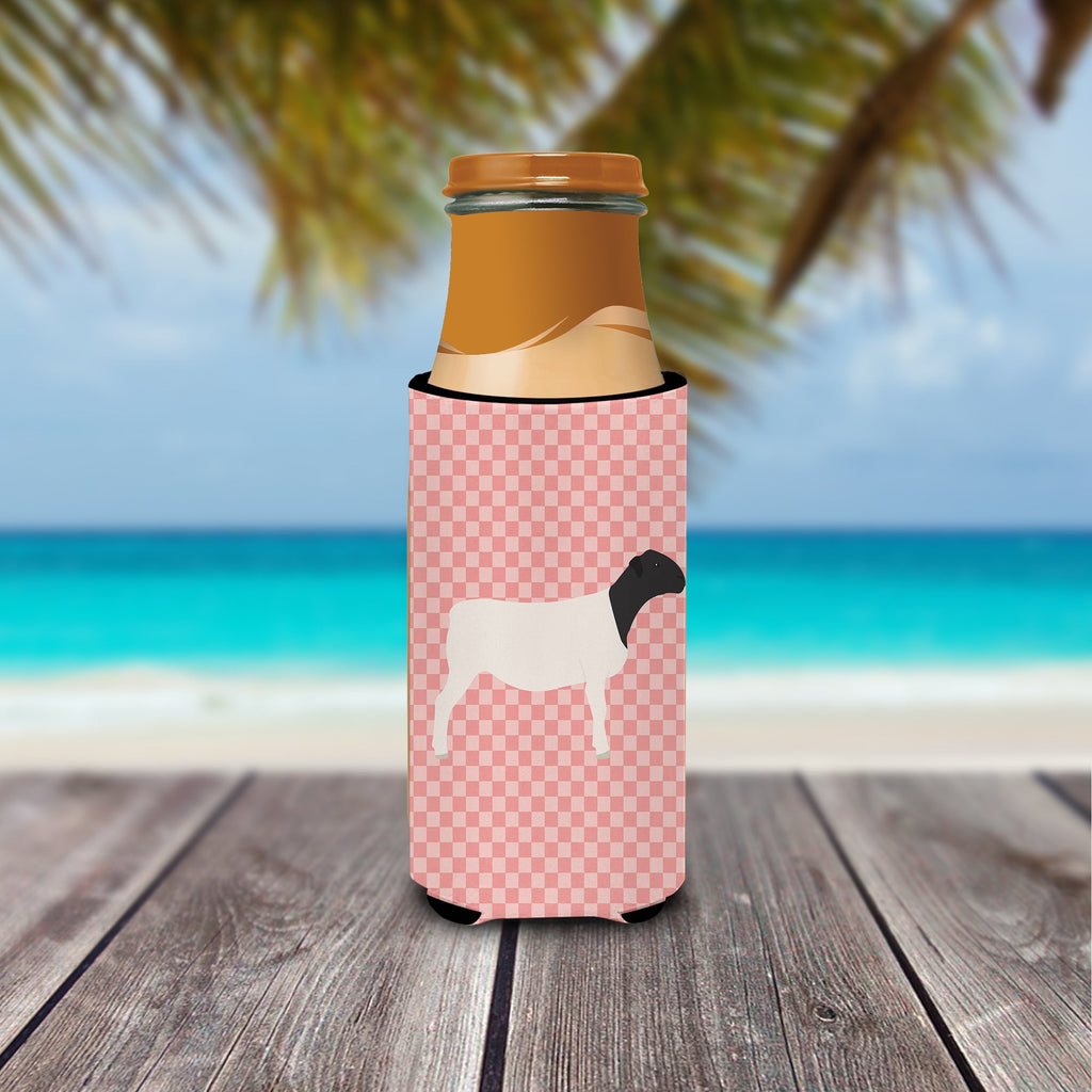 Dorper Sheep Pink Check Slim Can Hugger , Insulated Foam Hugger for 12 oz Slim Cans, Beer Bottles & Water Bottles, Printed in USA
