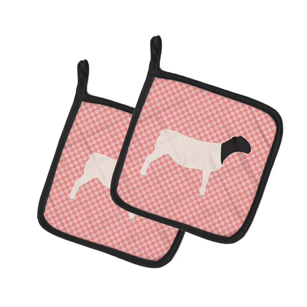 Dorper Sheep Pink Check Pot Holder Set of 2 Heat Resistant Quilted Hot Pads 7.5 x 7.5 Inch, Insulated Kitchen Trivets for Cooking & Baking