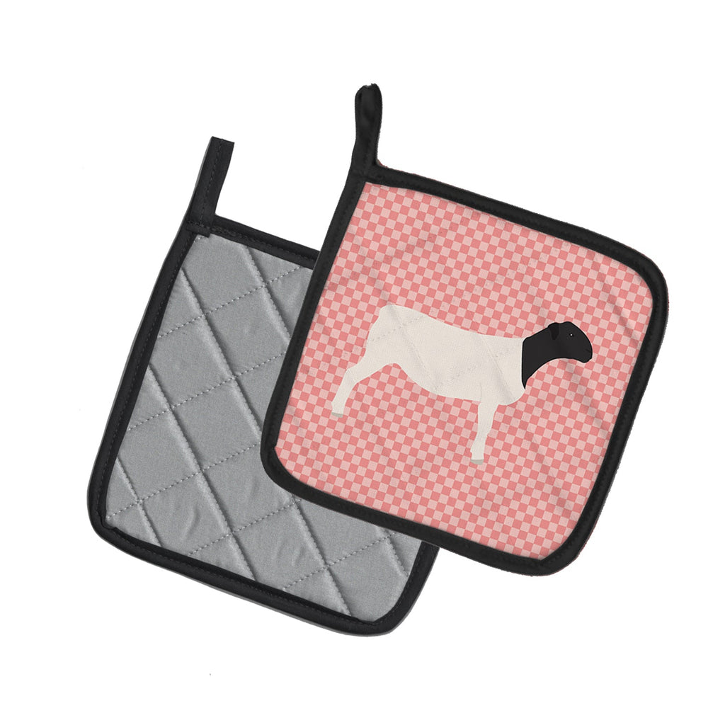 Dorper Sheep Pink Check Pot Holder Set of 2 Heat Resistant Quilted Hot Pads 7.5 x 7.5 Inch, Insulated Kitchen Trivets for Cooking & Baking