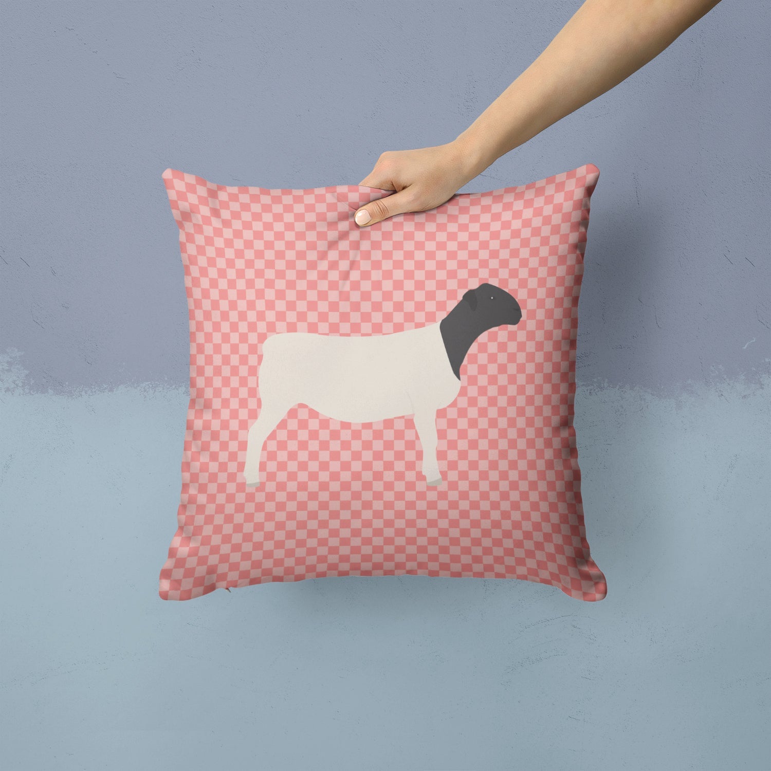Dorper Sheep Pink Check Decorative Throw Pillow 14x14 Indoor Outdoor Accent Cushion, Fabric Cover with Insert for Sofa, Bed, Porch & Living Room
