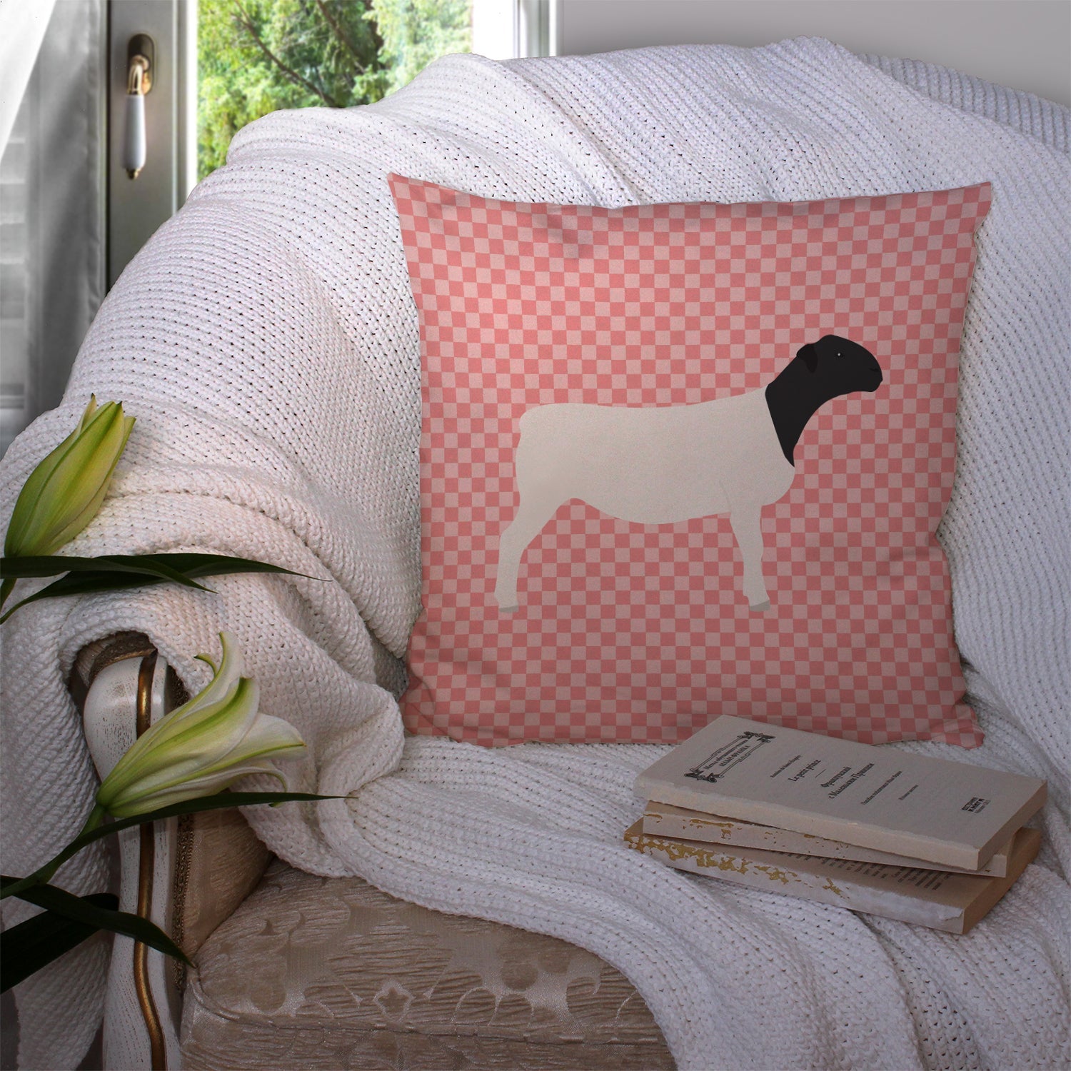 Dorper Sheep Pink Check Decorative Throw Pillow 14x14 Indoor Outdoor Accent Cushion, Fabric Cover with Insert for Sofa, Bed, Porch & Living Room