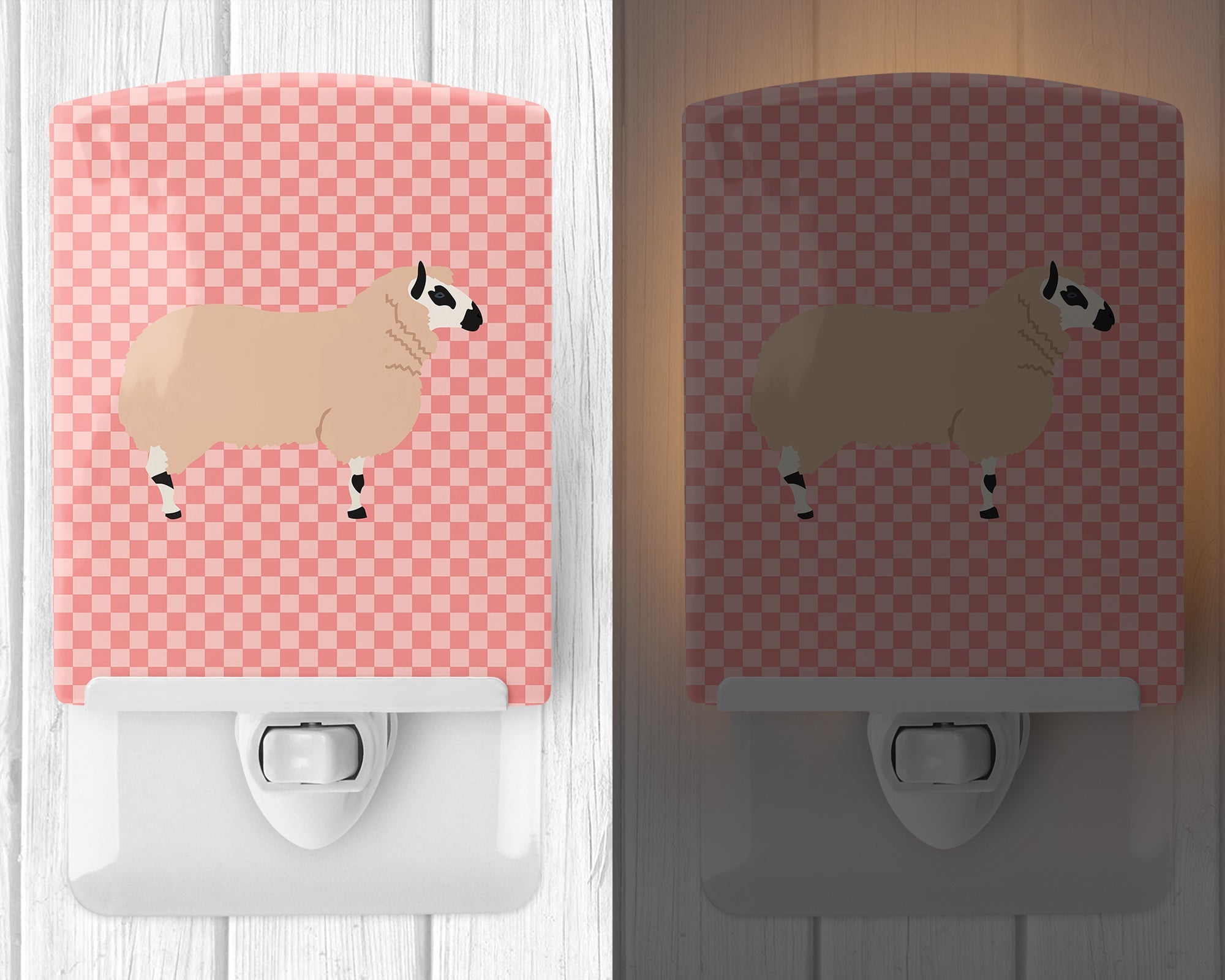 Kerry Hill Sheep Pink Check Ceramic Night Light Compact, UL-Certified, Ideal for Bedroom, Bathroom, Nursery, Hallway, Kitchen, 6x4x3, Multicolor