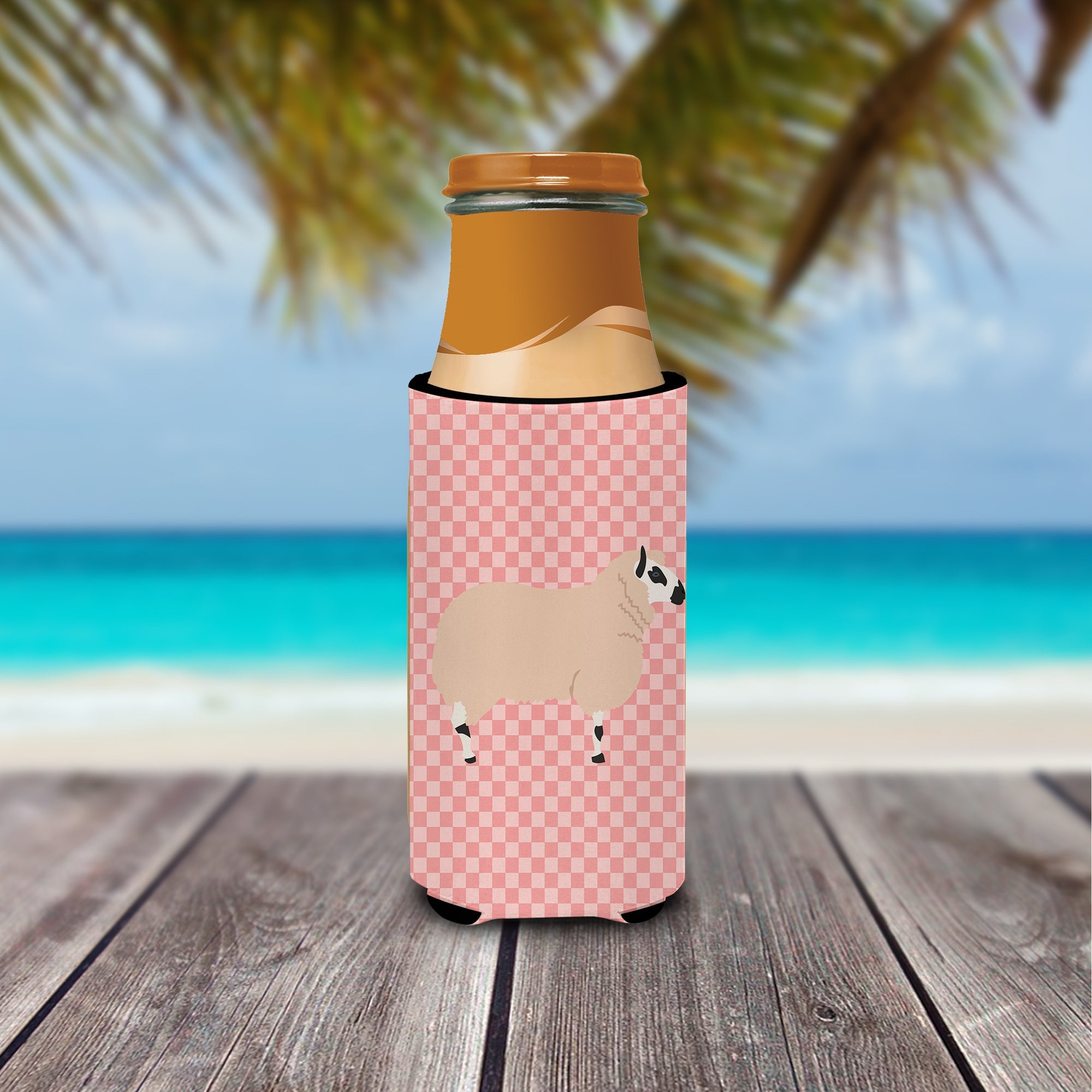Kerry Hill Sheep Pink Check Slim Can Hugger , Insulated Foam Hugger for 12 oz Slim Cans, Beer Bottles & Water Bottles, Printed in USA