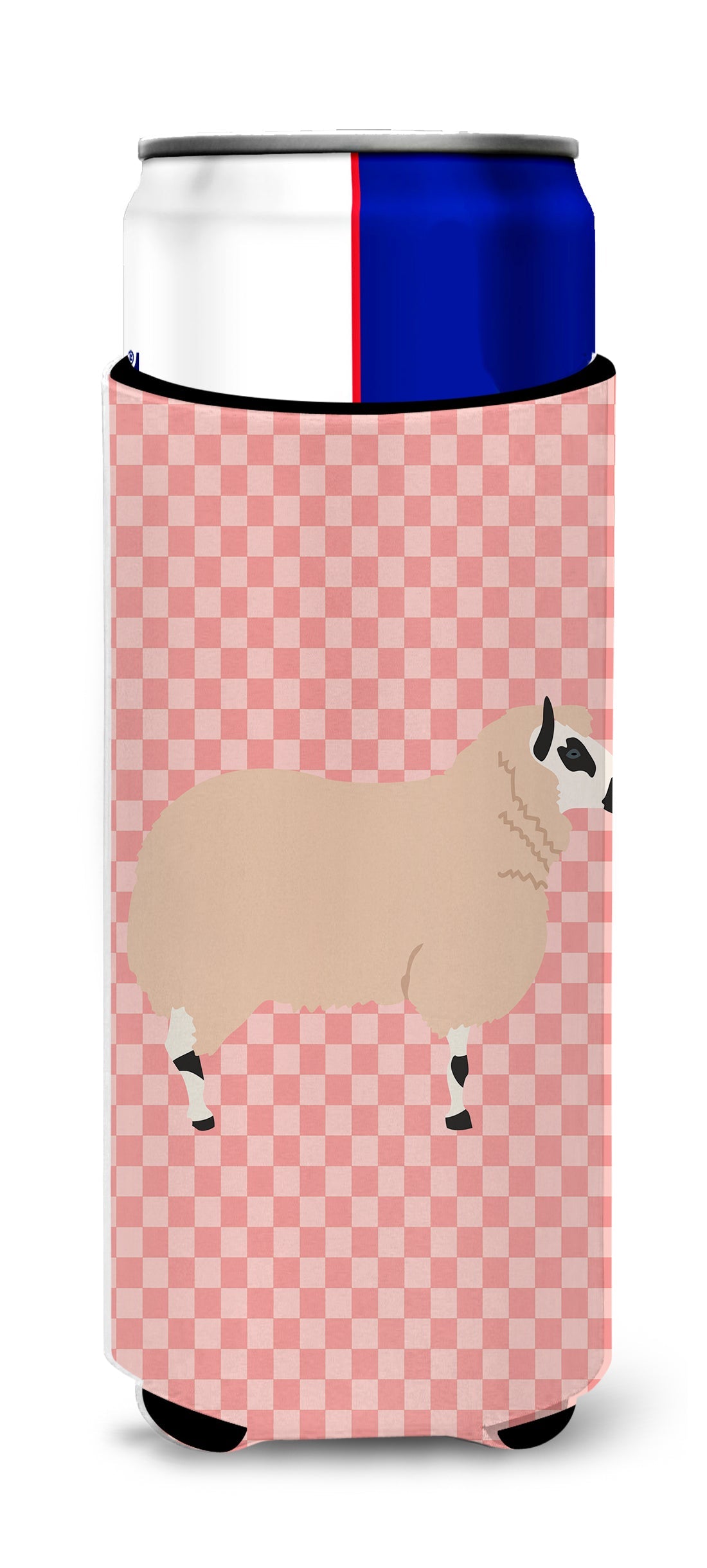 Kerry Hill Sheep Pink Check Slim Can Hugger , Insulated Foam Hugger for 12 oz Slim Cans, Beer Bottles & Water Bottles, Printed in USA