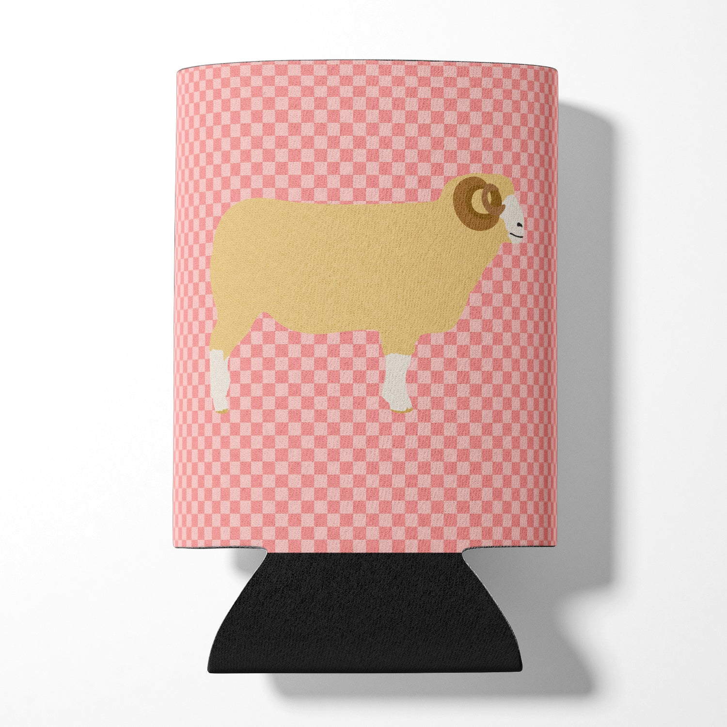 Horned Dorset Sheep Pink Check Can or Bottle Hugger Cooler Sleeve for Standard 12 oz Cans, Insulated Foam Beer & Soda Can Hugger Reusable