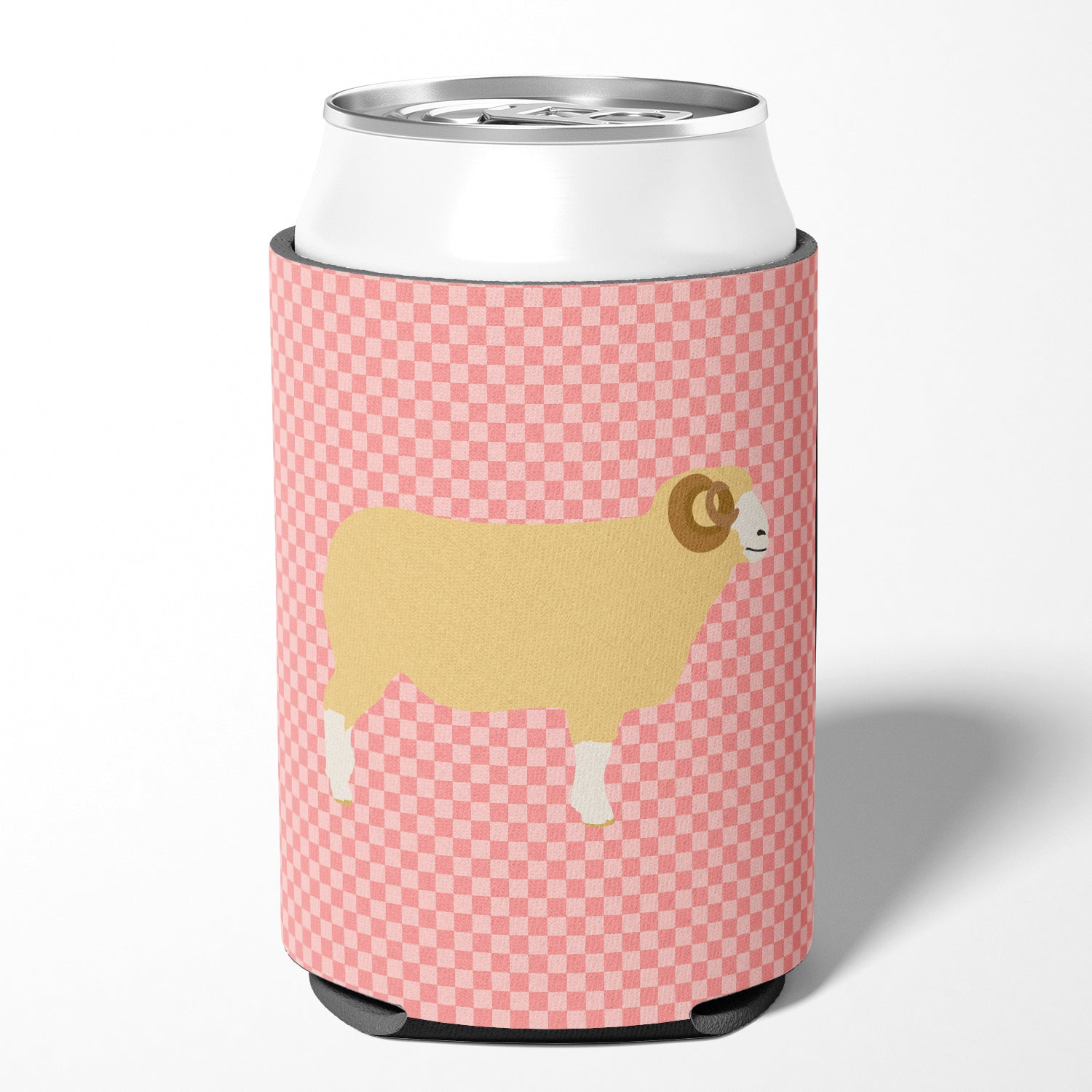 Horned Dorset Sheep Pink Check Can or Bottle Hugger Cooler Sleeve for Standard 12 oz Cans, Insulated Foam Beer & Soda Can Hugger Reusable