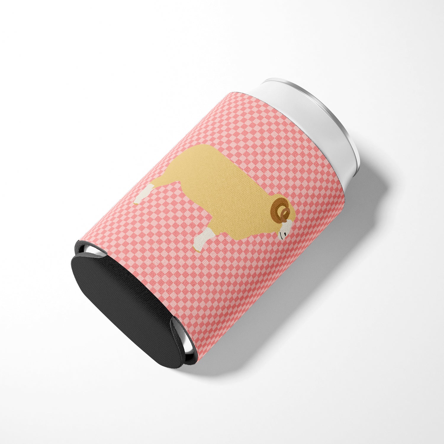 Horned Dorset Sheep Pink Check Can or Bottle Hugger Cooler Sleeve for Standard 12 oz Cans, Insulated Foam Beer & Soda Can Hugger Reusable