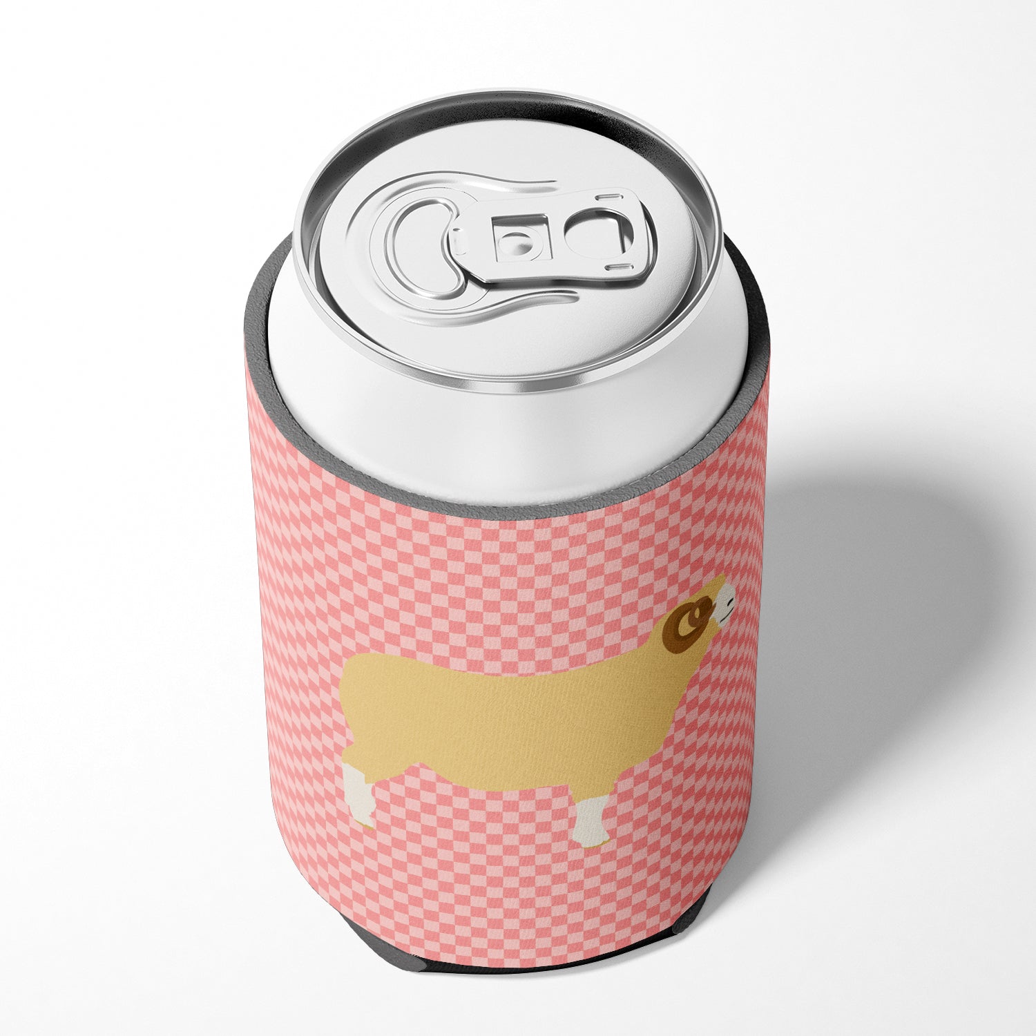 Horned Dorset Sheep Pink Check Can or Bottle Hugger Cooler Sleeve for Standard 12 oz Cans, Insulated Foam Beer & Soda Can Hugger Reusable