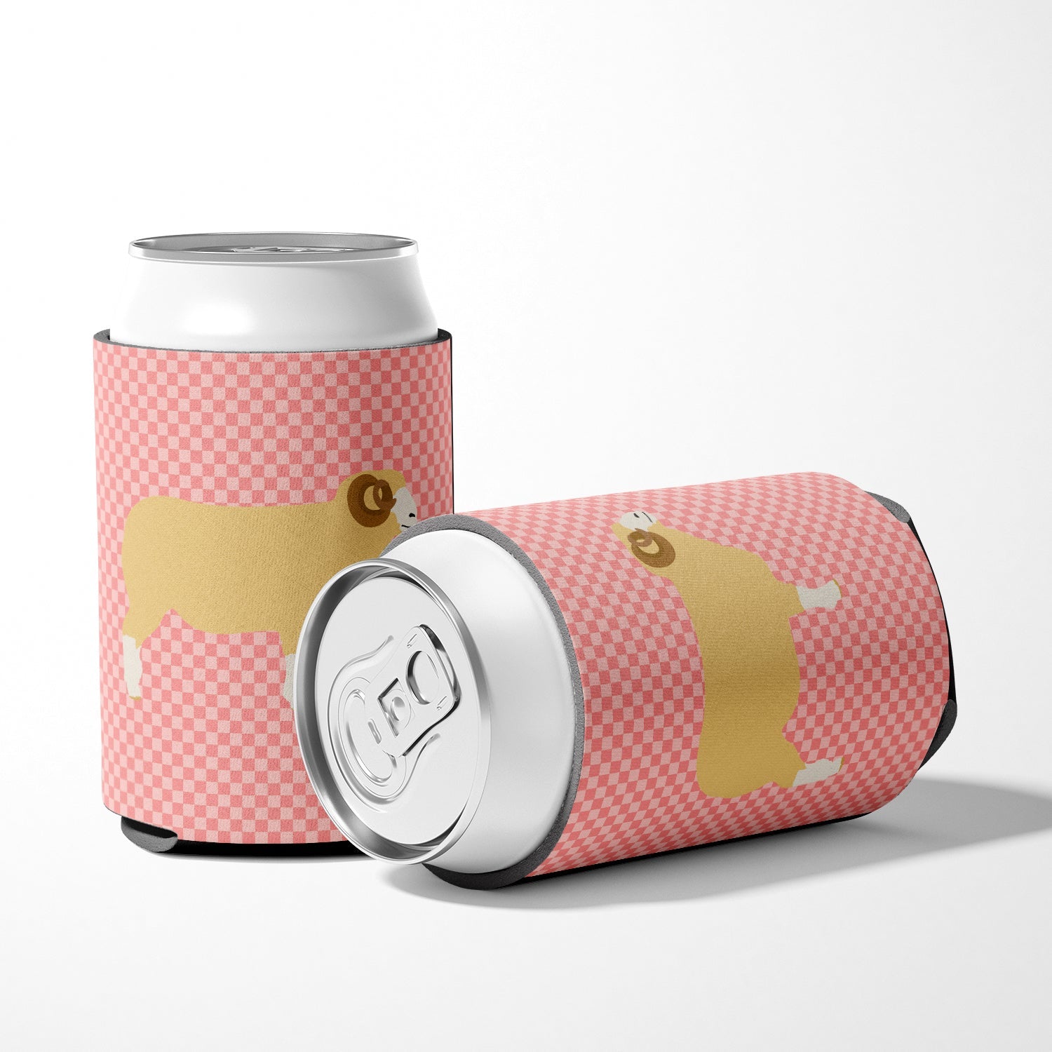 Horned Dorset Sheep Pink Check Can or Bottle Hugger Cooler Sleeve for Standard 12 oz Cans, Insulated Foam Beer & Soda Can Hugger Reusable