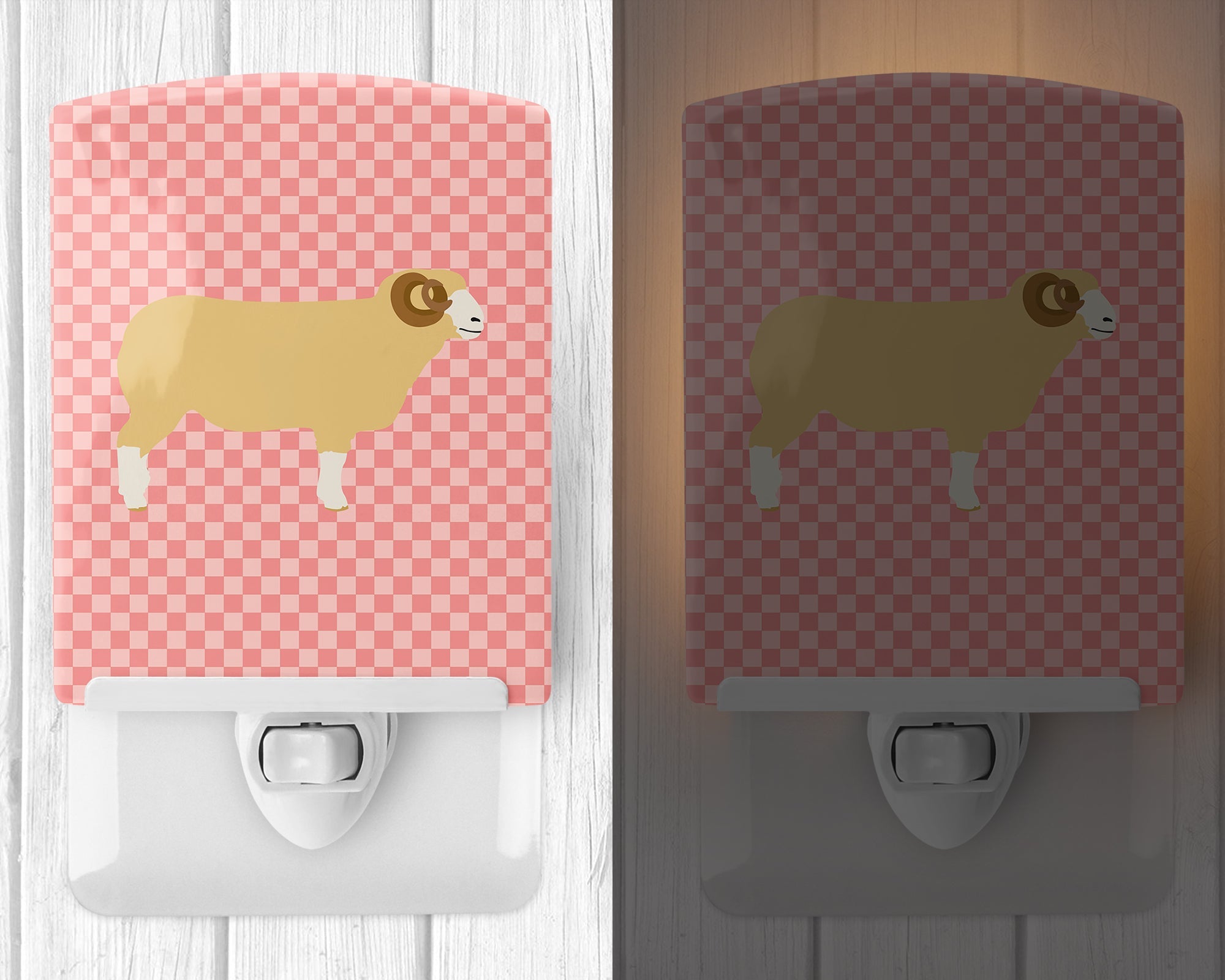 Horned Dorset Sheep Pink Check Ceramic Night Light Compact, UL-Certified, Ideal for Bedroom, Bathroom, Nursery, Hallway, Kitchen, 6x4x3, Multicolor
