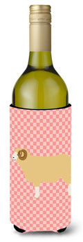 Horned Dorset Sheep Pink Check Wine Bottle Hugger Gift Sleeve for Standard 750 ml Bottles, Insulated Reusable Also Fits Mini Shot & Pint Bottles