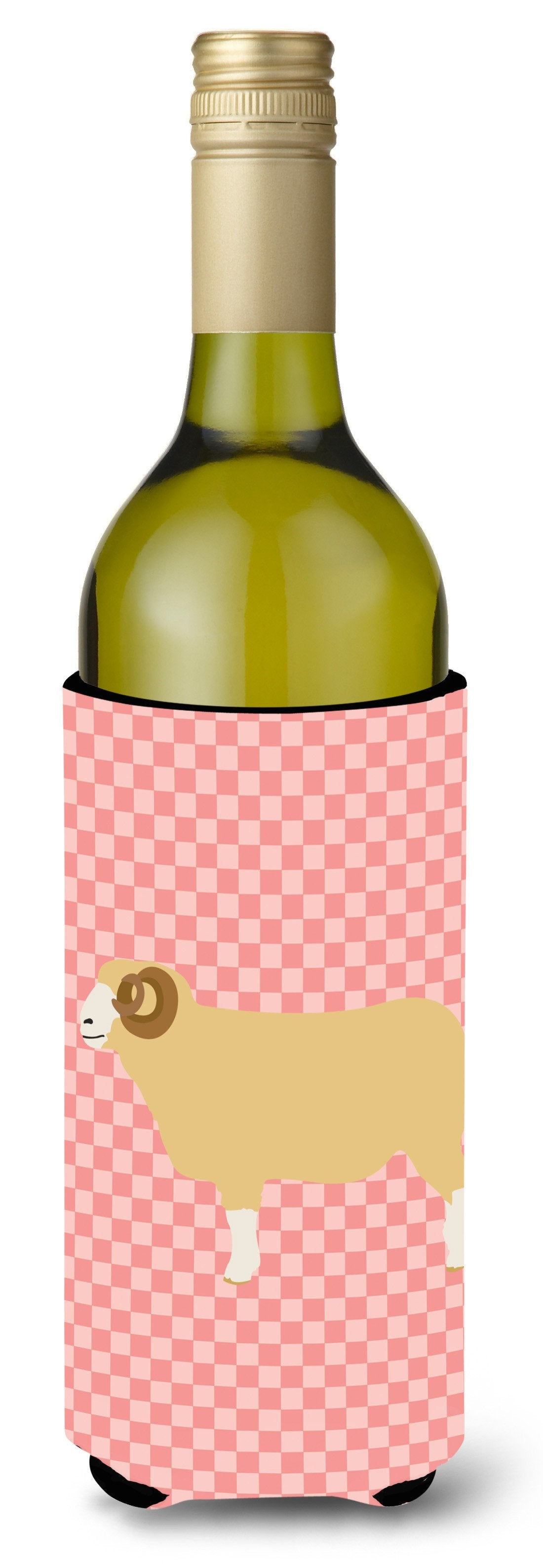 Horned Dorset Sheep Pink Check Wine Bottle Hugger Gift Sleeve for Standard 750 ml Bottles, Insulated Reusable Also Fits Mini Shot & Pint Bottles