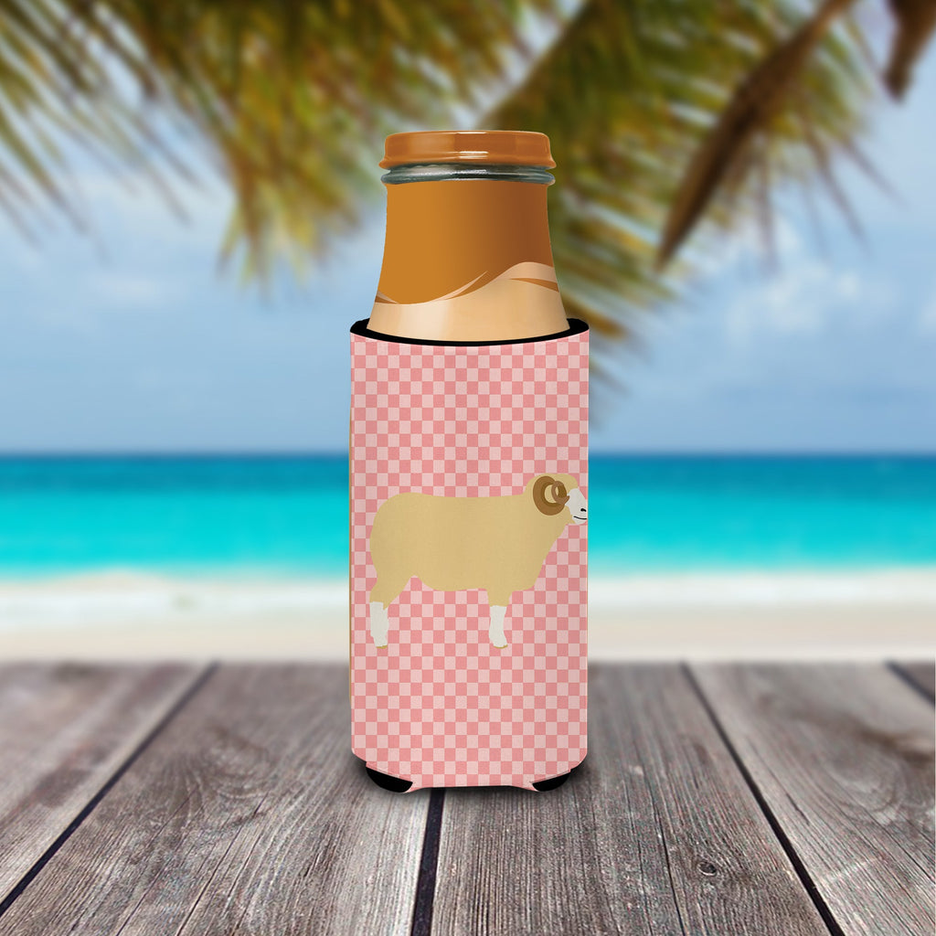 Horned Dorset Sheep Pink Check Slim Can Hugger , Insulated Foam Hugger for 12 oz Slim Cans, Beer Bottles & Water Bottles, Printed in USA