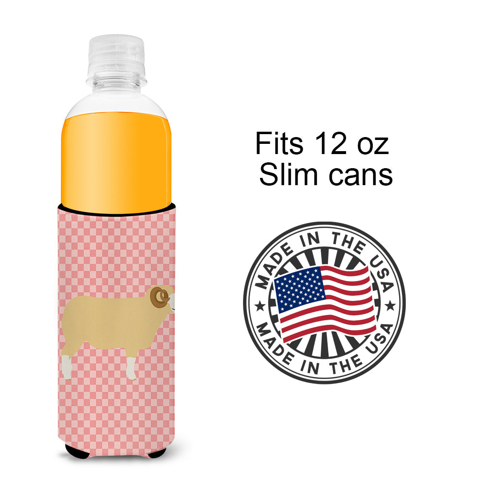 Horned Dorset Sheep Pink Check Slim Can Hugger , Insulated Foam Hugger for 12 oz Slim Cans, Beer Bottles & Water Bottles, Printed in USA
