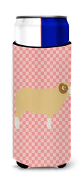 Horned Dorset Sheep Pink Check Slim Can Hugger , Insulated Foam Hugger for 12 oz Slim Cans, Beer Bottles & Water Bottles, Printed in USA