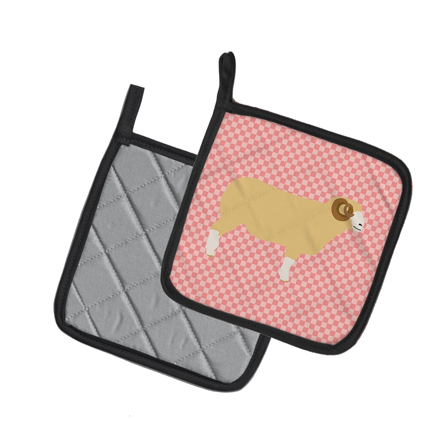 Horned Dorset Sheep Pink Check Pot Holder Set of 2 Heat Resistant Quilted Hot Pads 7.5 x 7.5 Inch, Insulated Kitchen Trivets for Cooking & Baking