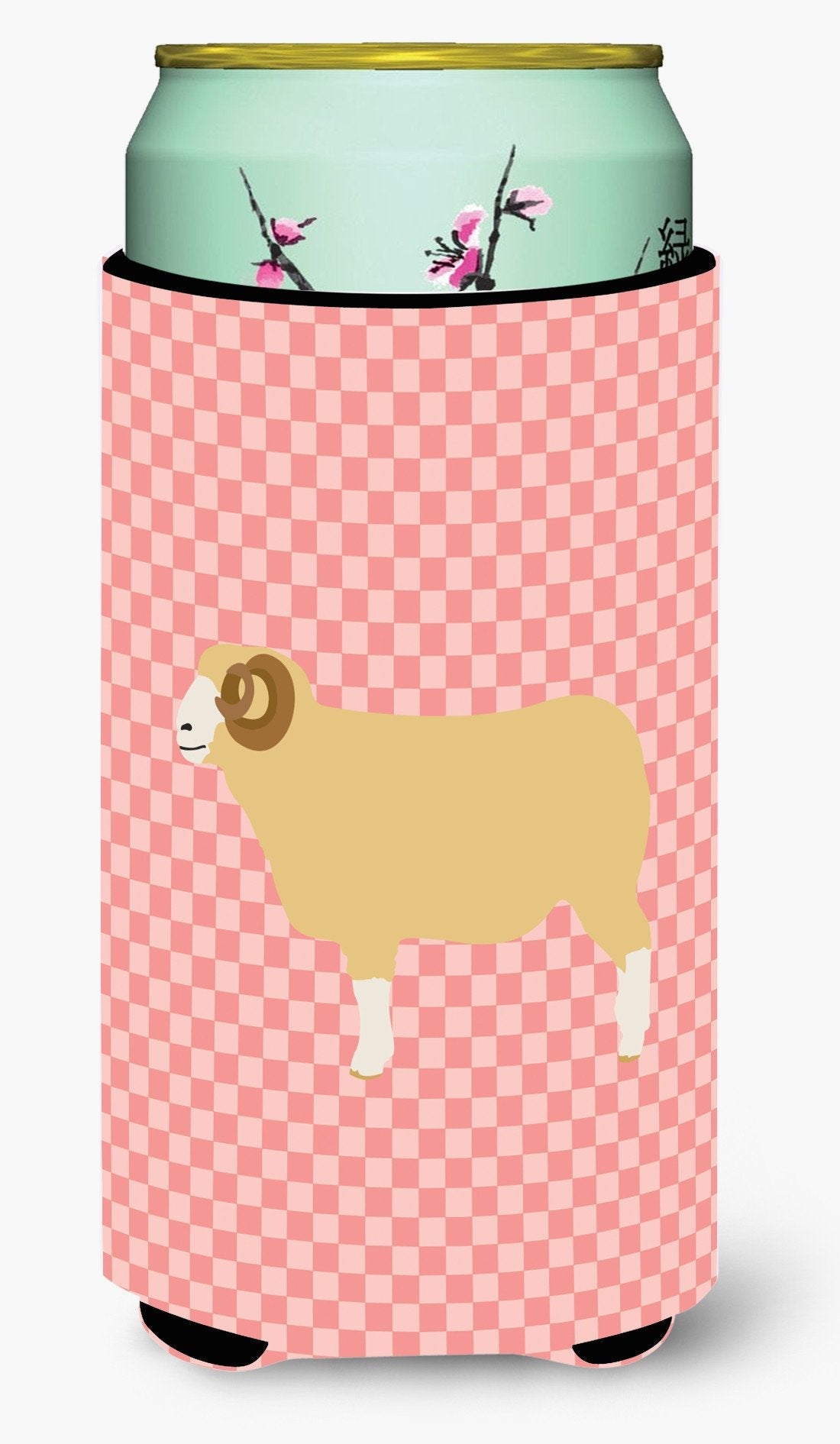 Horned Dorset Sheep Pink Check Tall Boy Hugger Can Cooler Sleeve Machine Washable Drink Collapsible Insulator Beverage Insulated Holder